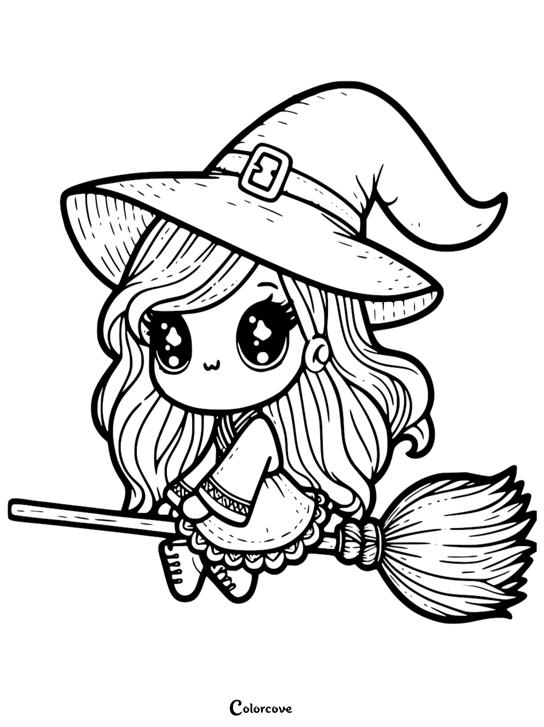 A cute chibi witch with large starry eyes wearing a buckled pointed hat, flying on a straw broomstick in this printable coloring page.