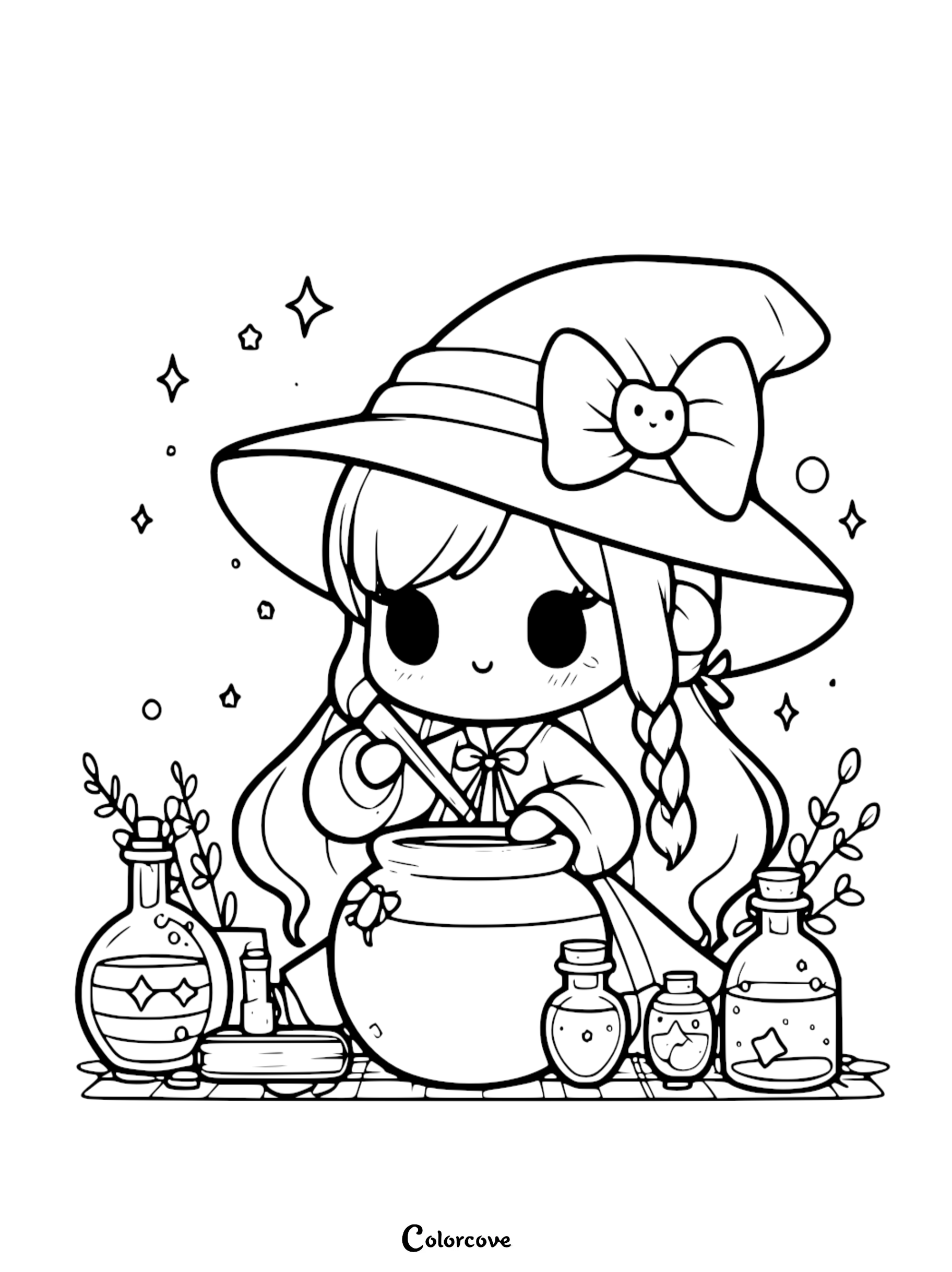 A cute witch with a bow on her hat stirring a cauldron, surrounded by magic potions, stars, and plants in this printable coloring page.