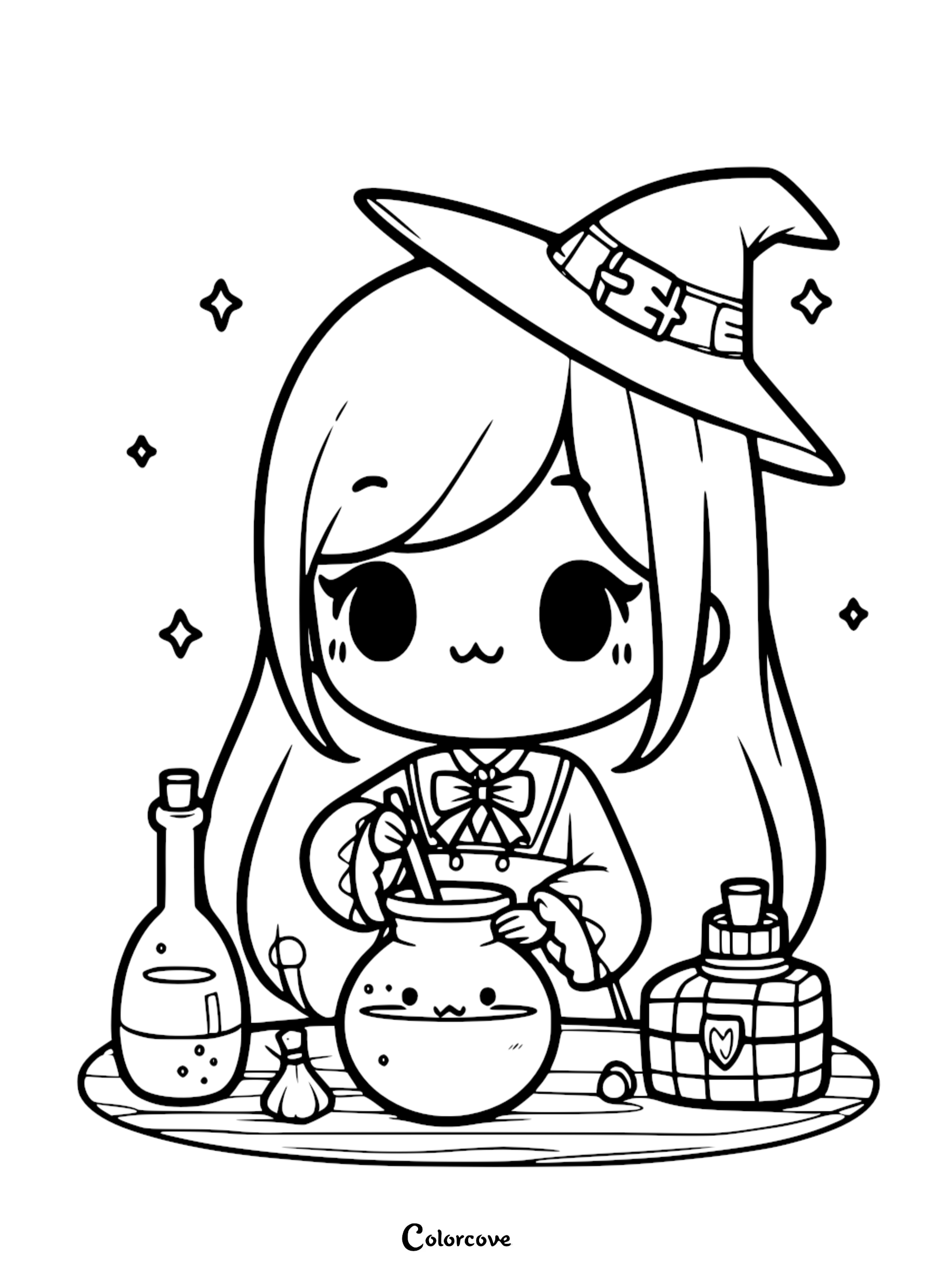 A cute chibi witch with a wide-brimmed hat stirring a smiling cauldron on a table, coloring page design with potion bottles and sparkles.