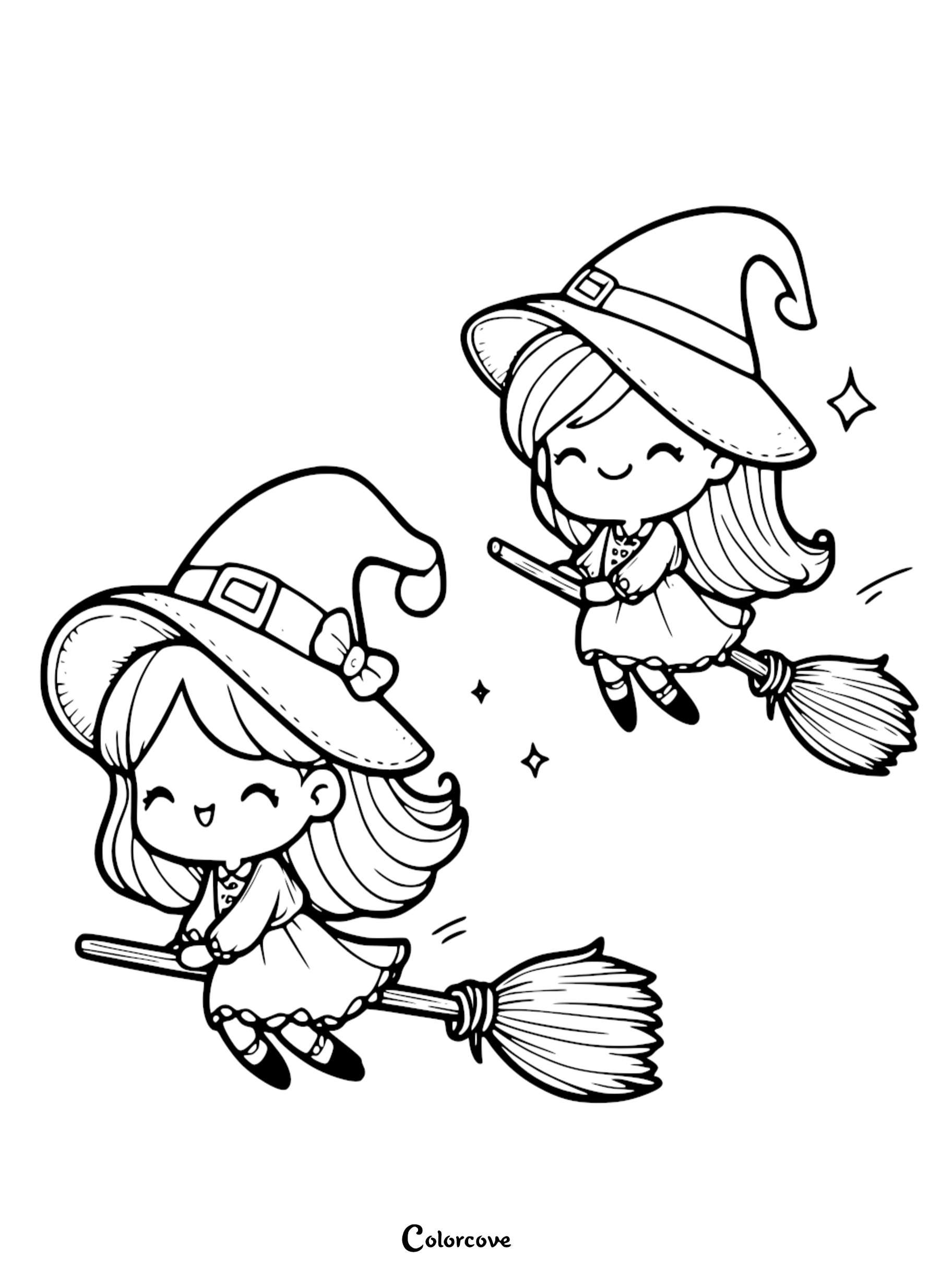 Two chibi style cute witches with large pointed hats flying through the air on broomsticks, coloring page.