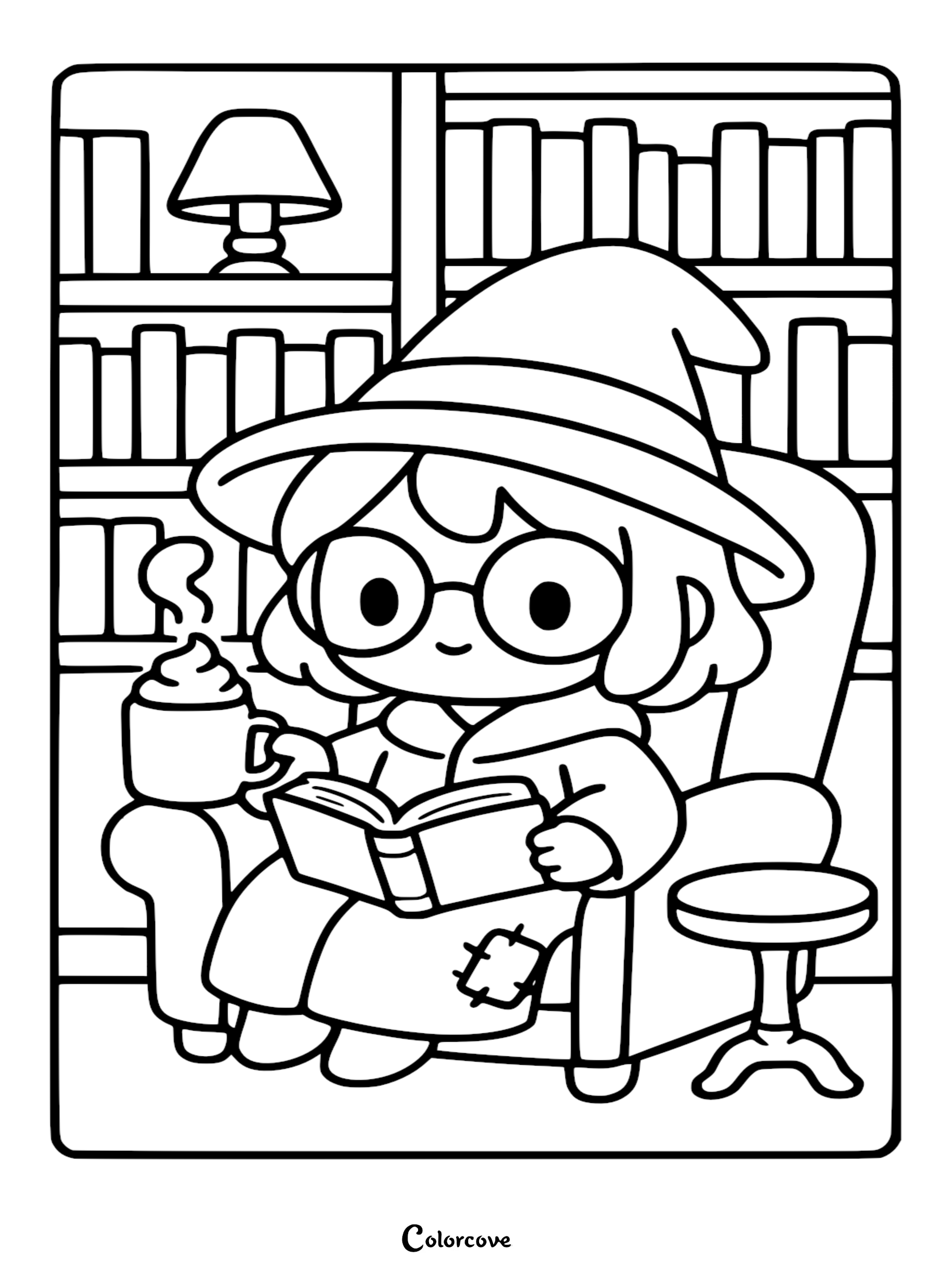 A cute witch wearing a pointy hat and round glasses sitting in an armchair reading a book with a steaming mug nearby, library bookshelves in the background, outline-style coloring page.