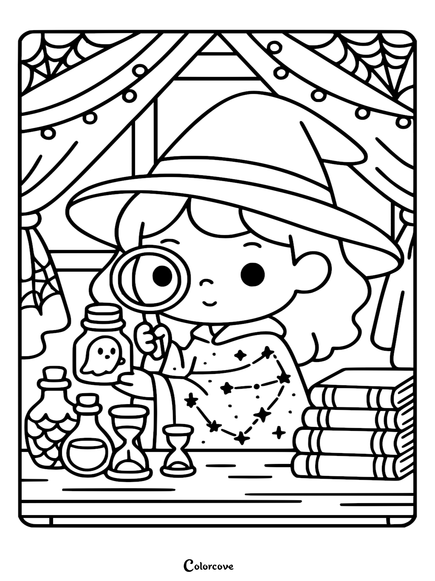 A cute witch wearing a pointed hat using a magnifying glass to inspect a small ghost inside a jar on a table, detailed line art coloring page.