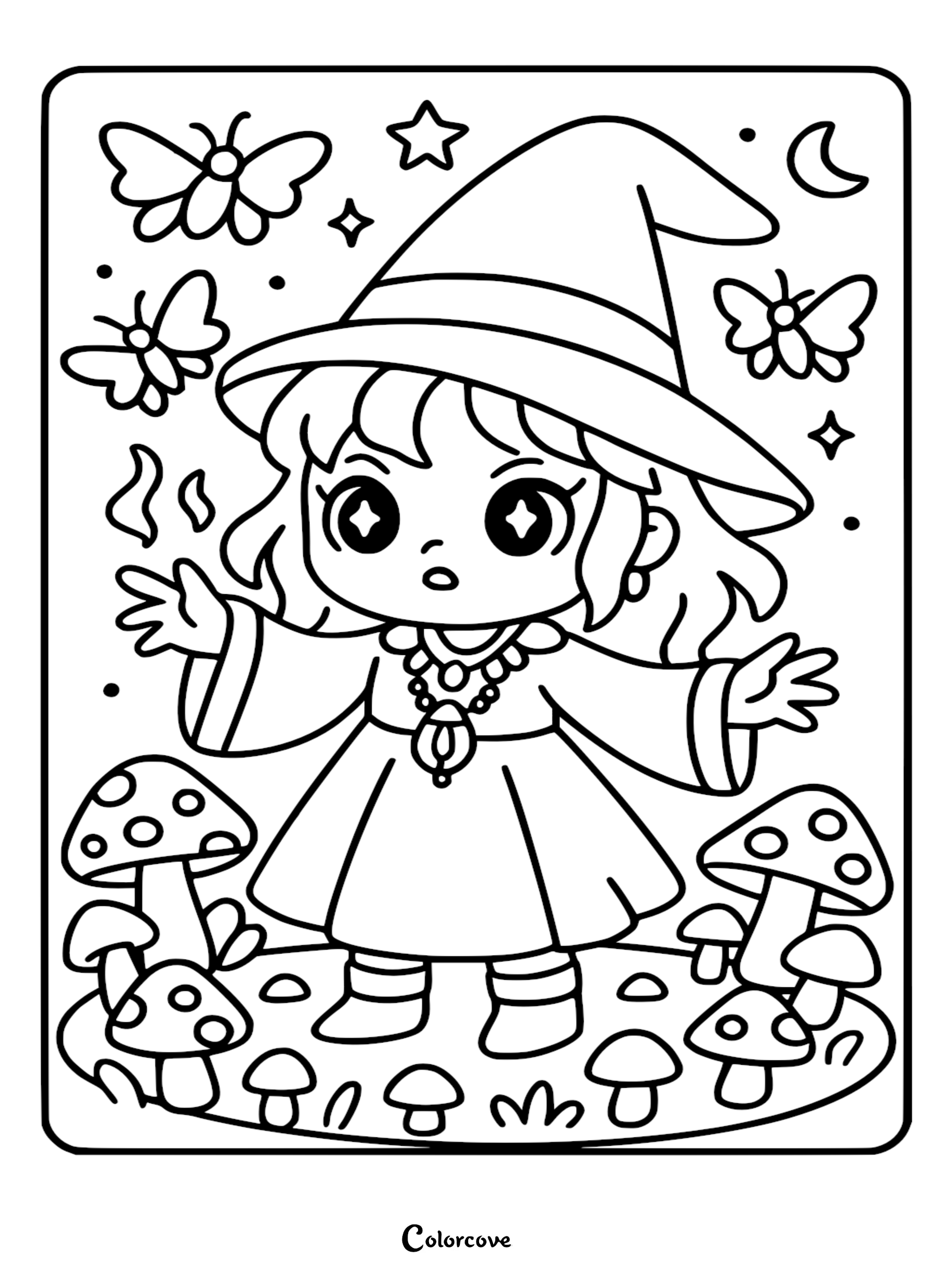 A cute witch wearing a hat and pendant standing in a mushroom forest, coloring page featuring butterflies and stars.