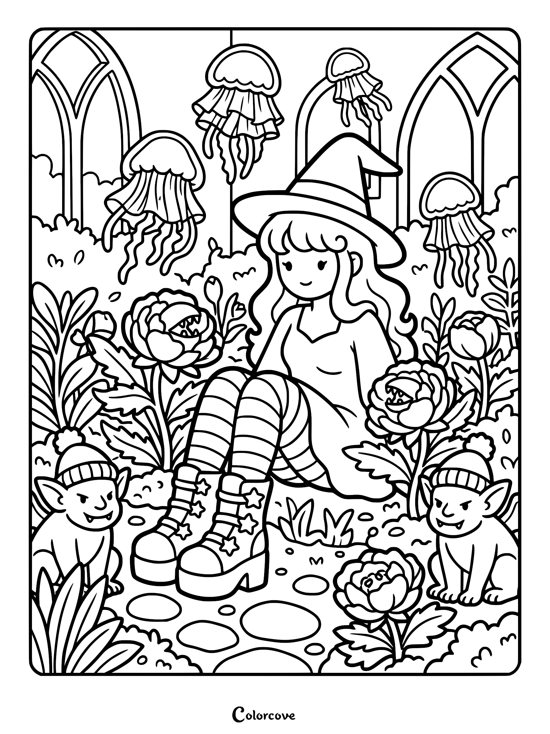 Cute witch in a striped-stocking outfit sits in a magical flower garden filled with floating jellyfish and small mischievous goblins, featured as a line art coloring page.