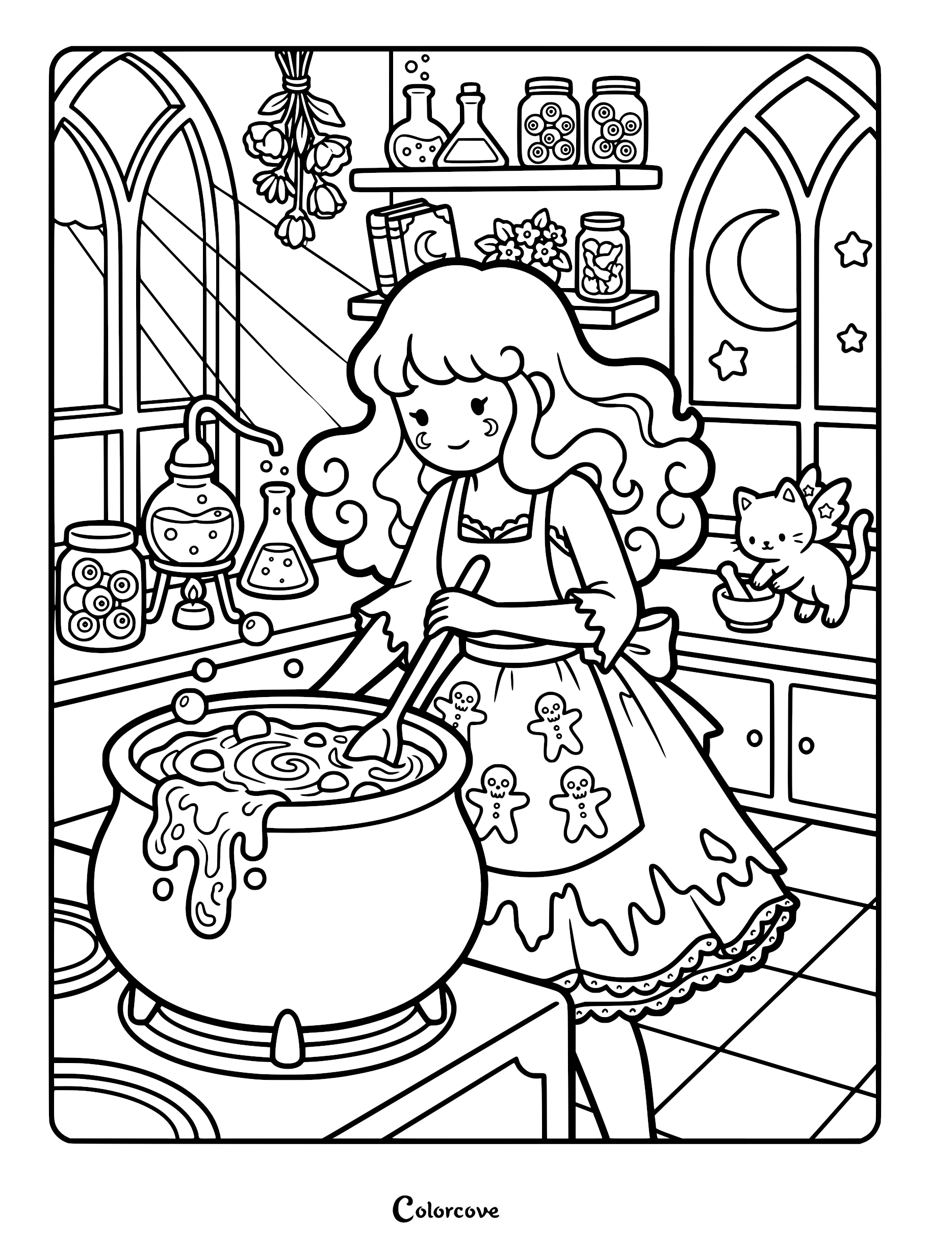A cute witch wearing a gingerbread-themed apron stirs a bubbling cauldron in a magical kitchen with shelves of jars and a winged cat, detailed coloring page.