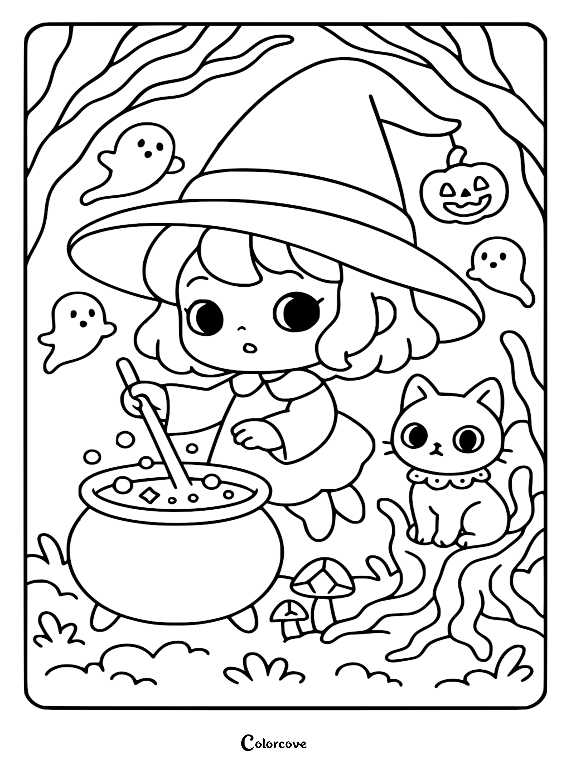 A cute witch wearing a wide-brimmed hat stirs a magical cauldron surrounded by floating ghosts, a hanging pumpkin, and a black cat sitting on a tree stump, illustrated as a black and white line art coloring page.