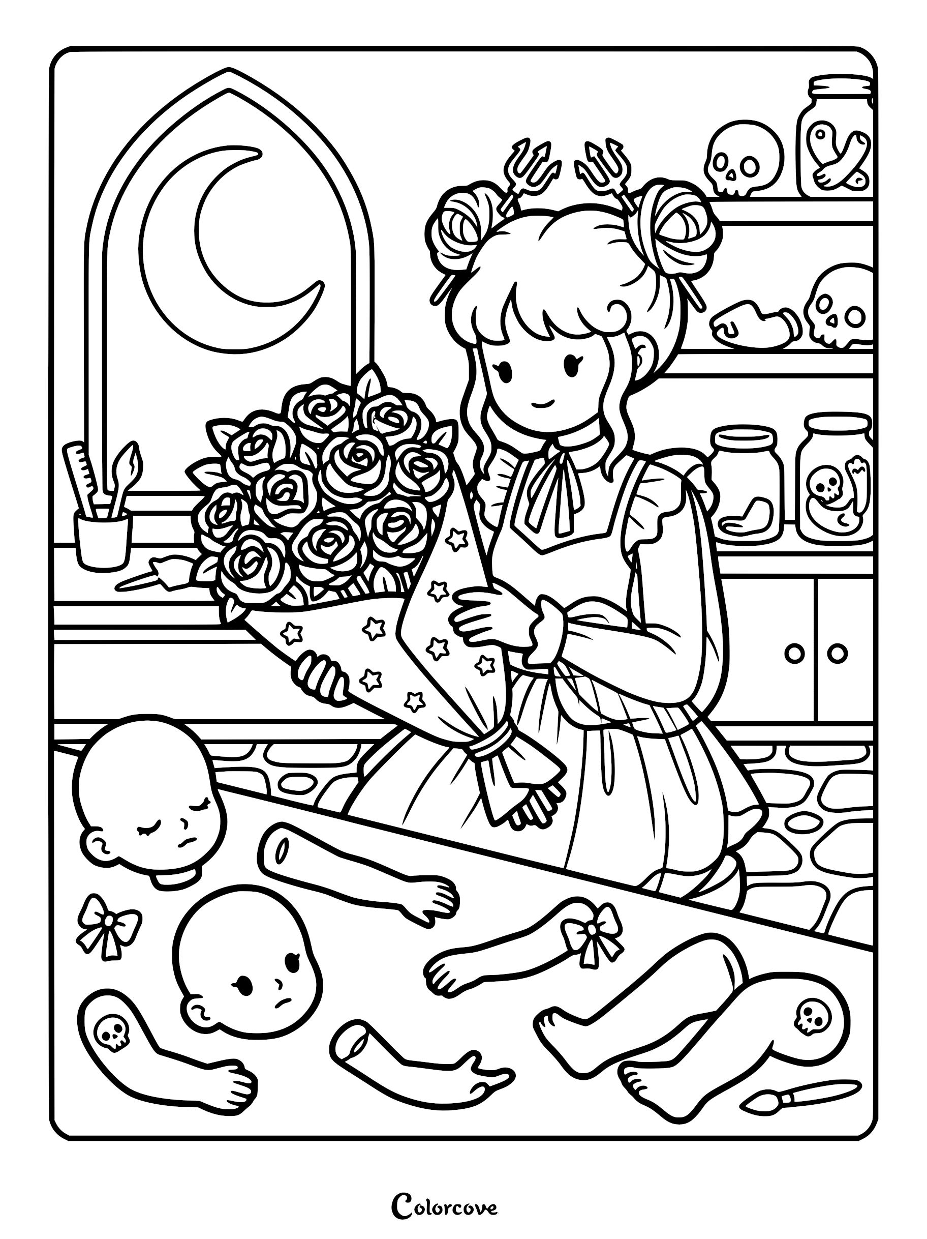 A cute witch holding a rose bouquet in a workshop with scattered doll parts, skulls in jars, and a crescent moon window in this detailed coloring page.