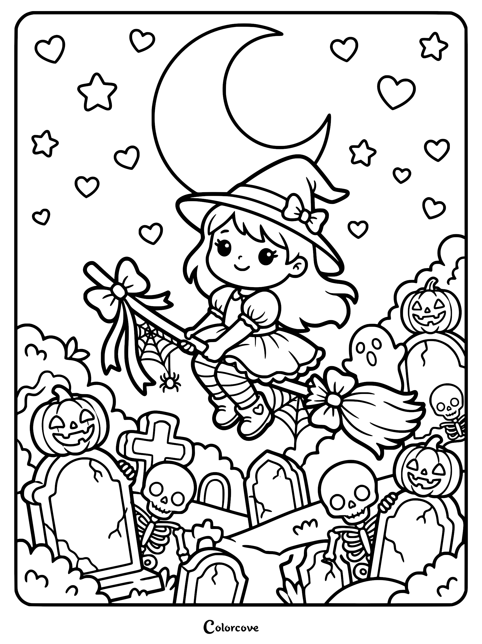 Cute witch in a bow-adorned hat flying on a broomstick over a spooky graveyard with skeletons, jack-o'-lanterns, and a crescent moon, coloring page.