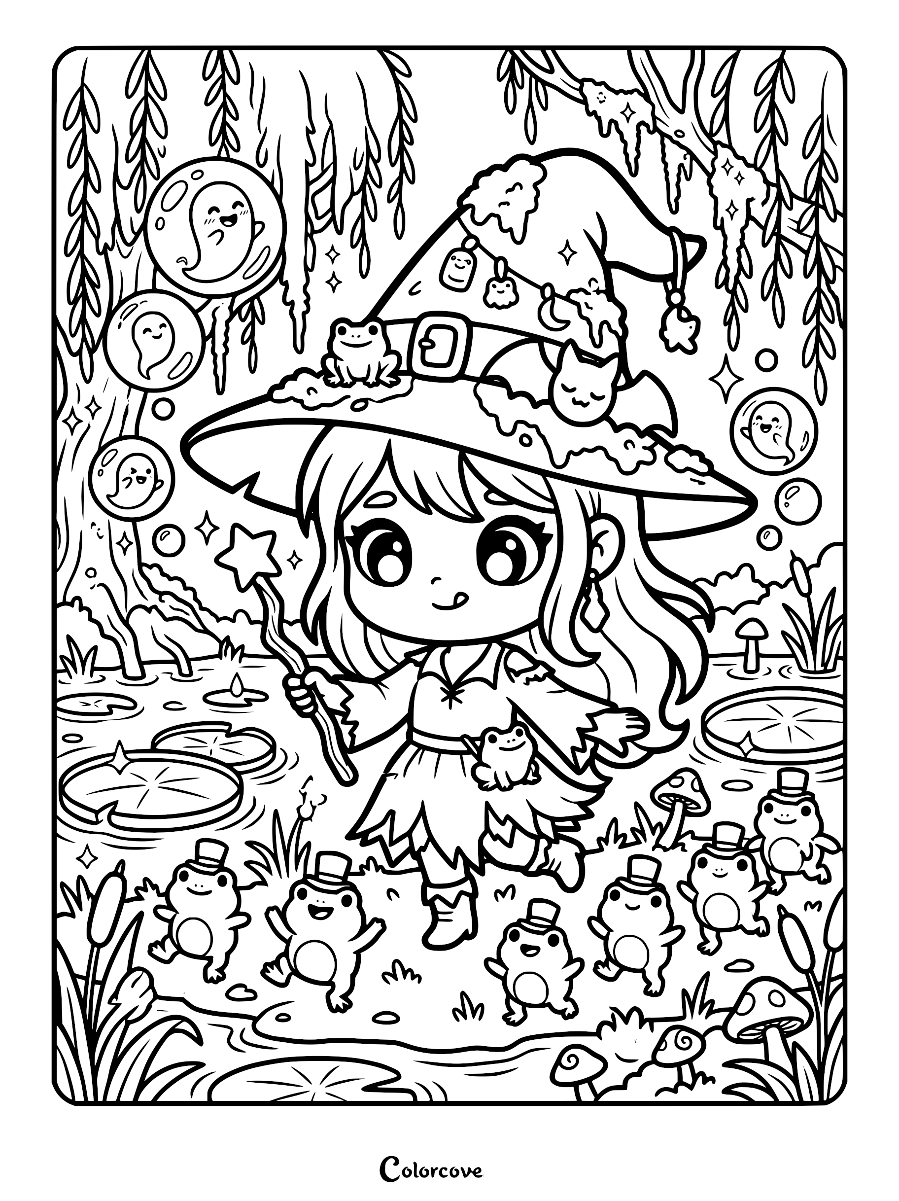 A cute witch wearing a hat adorned with charms and a frog, casting magic bubbles containing ghosts while surrounded by dapper frogs in top hats by a pond on this coloring page.