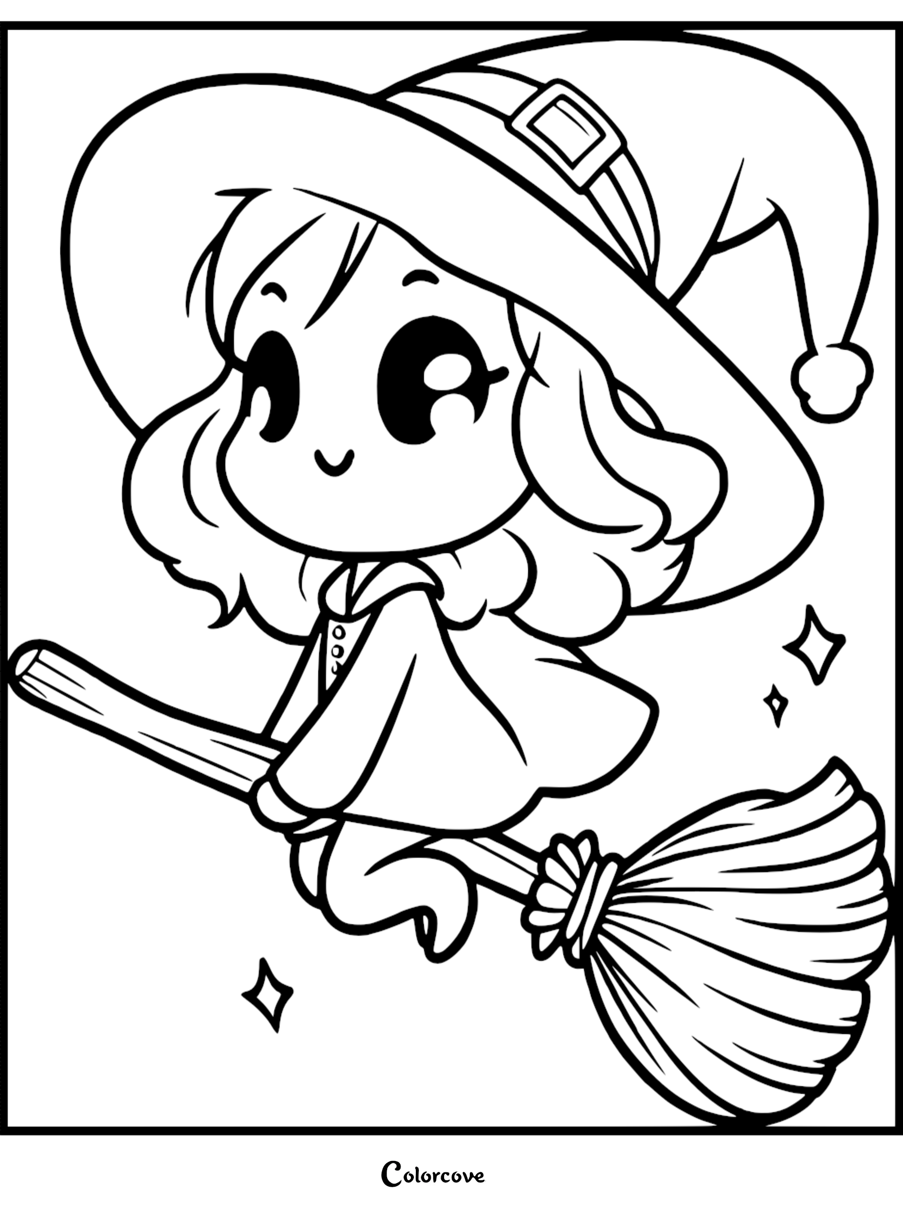 A cute witch with big eyes wearing a pointed hat and cape flying on a broomstick, line art coloring page.
