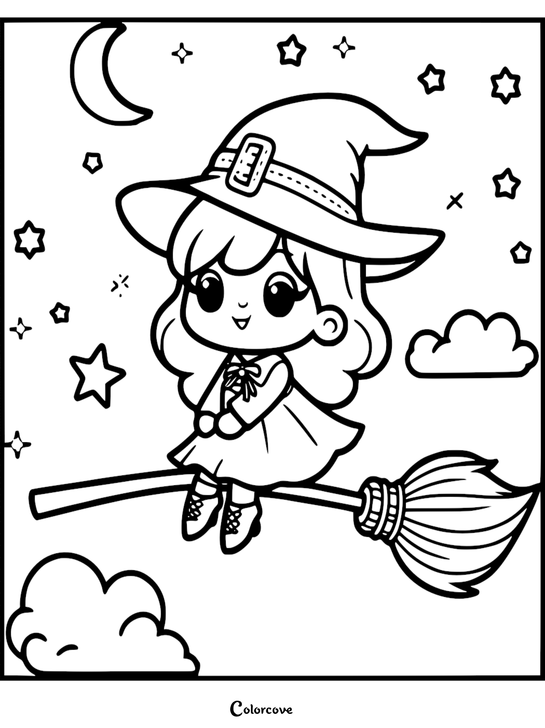A cute chibi witch with big eyes wearing a buckled hat, flying on a broomstick amidst crescent moon, stars, and clouds in this printable coloring page.