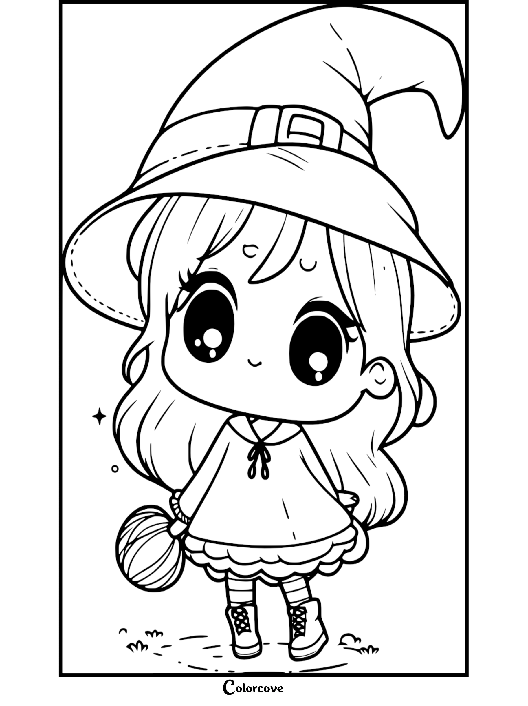 A cute chibi witch with a large pointed hat and striped socks holding a small pumpkin, line art coloring page.
