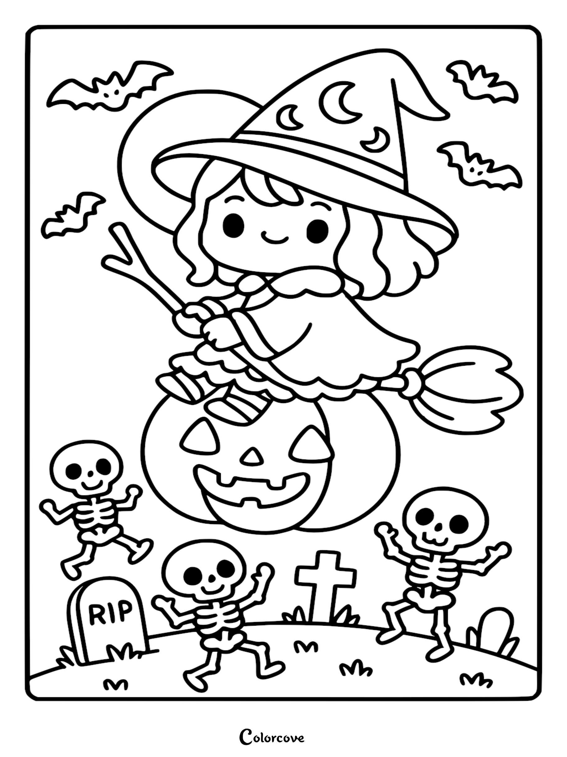 A cute witch with a moon-patterned hat flying on a broomstick above a smiling jack-o'-lantern with dancing skeletons in a graveyard coloring page.