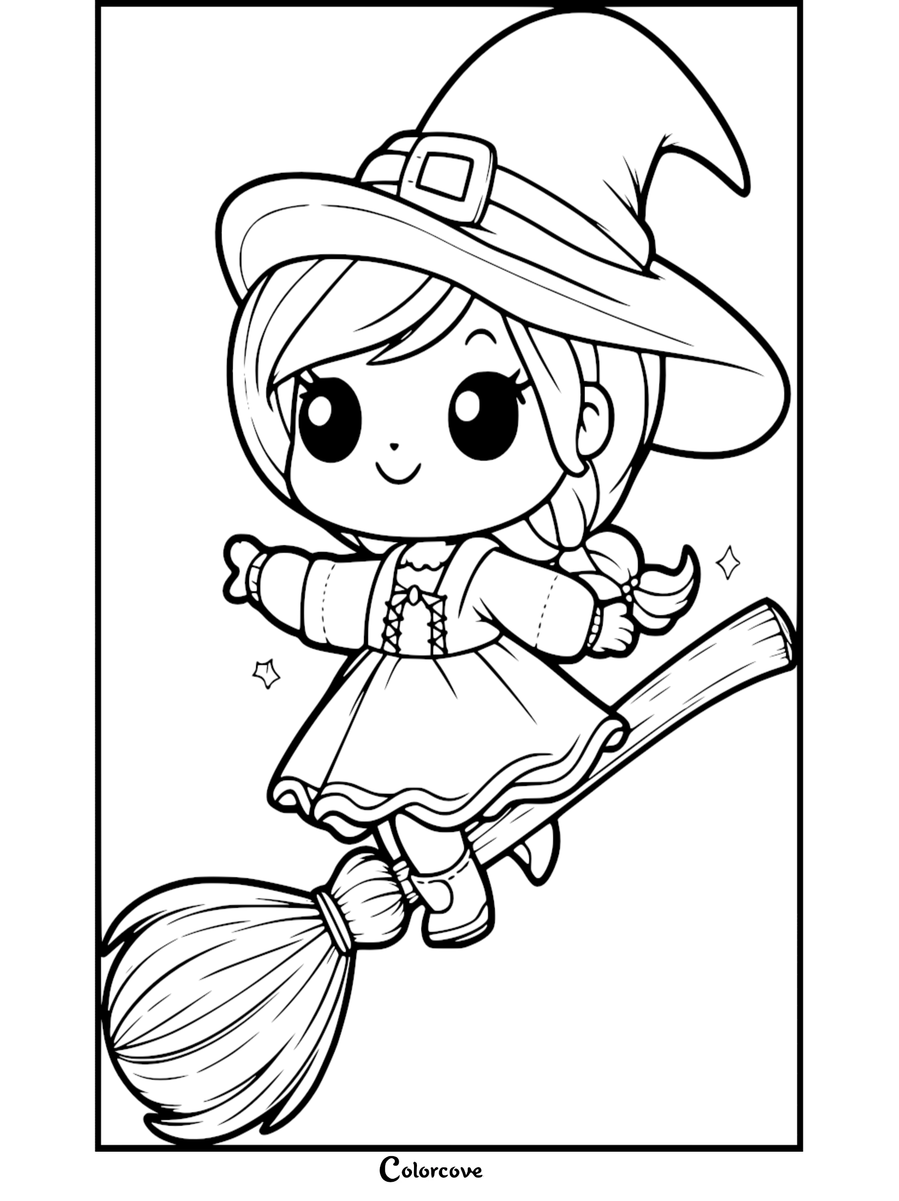 Chibi cute witch with big eyes wearing a large buckled hat and dress flying on a wooden broomstick, simple line art coloring page.