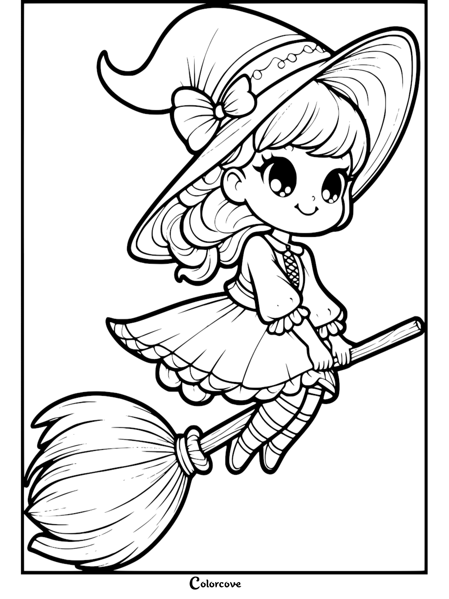 A cute chibi witch with a bow-adorned hat flying on a broomstick, line art coloring page for kids.
