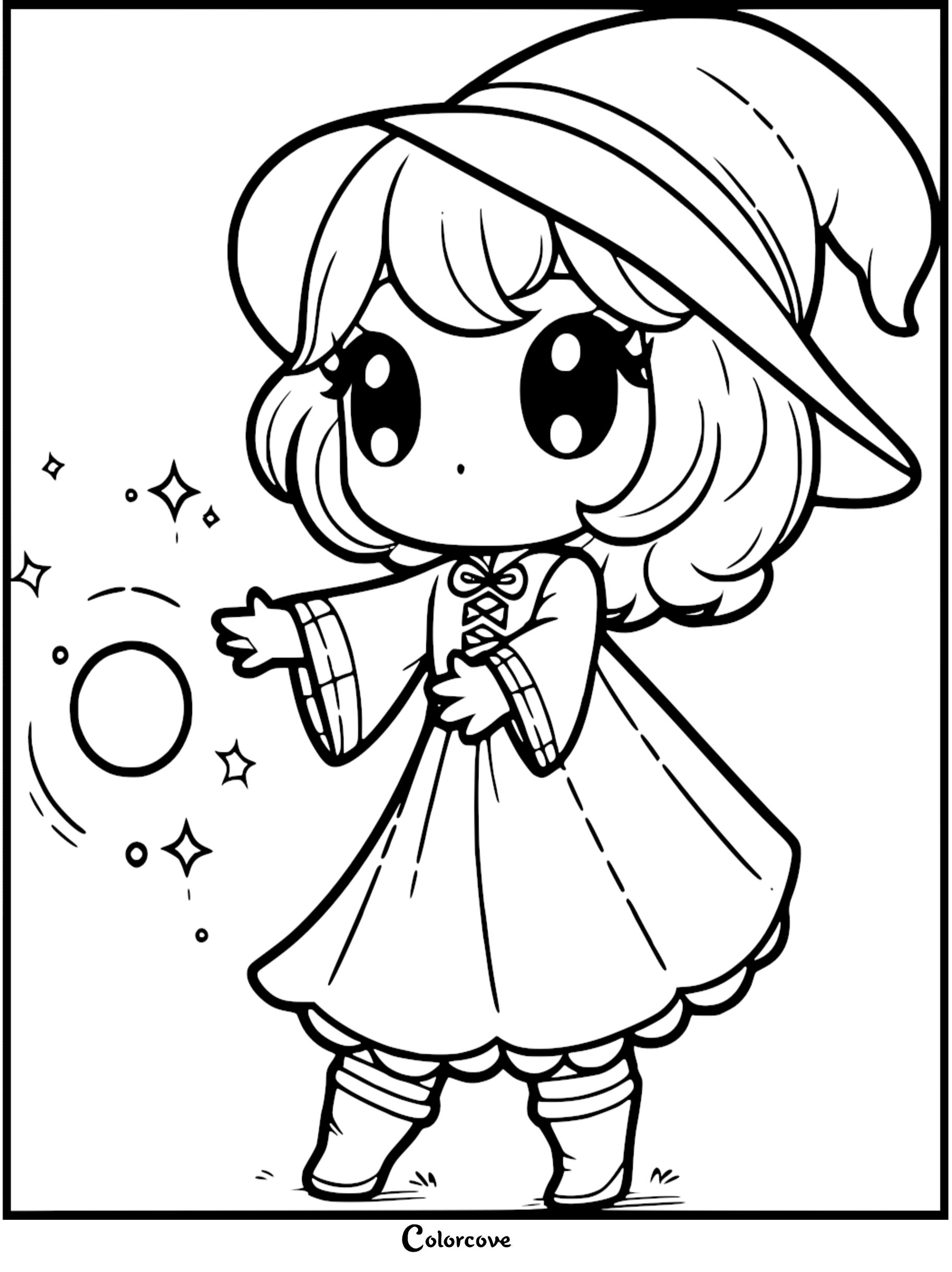 A cute witch with big eyes wearing a pointed hat, casting a magical glowing orb surrounded by sparkles, line art coloring page.