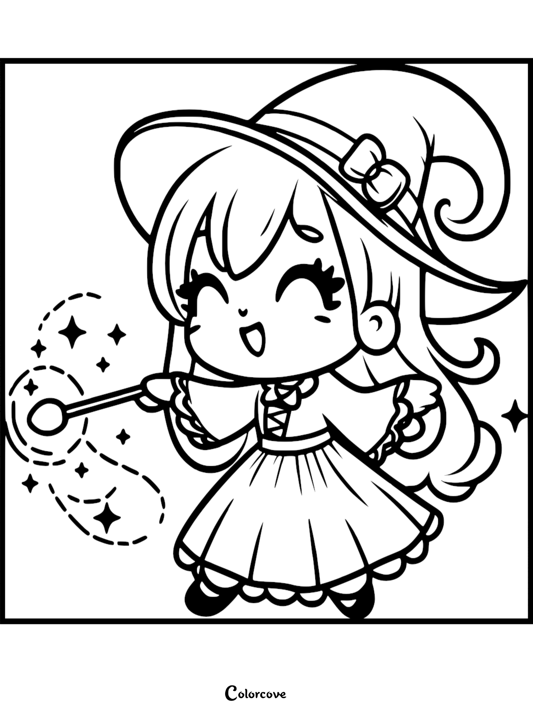 A cute chibi witch with a bow-adorned hat, casting magic with a glowing wand, line art coloring page.