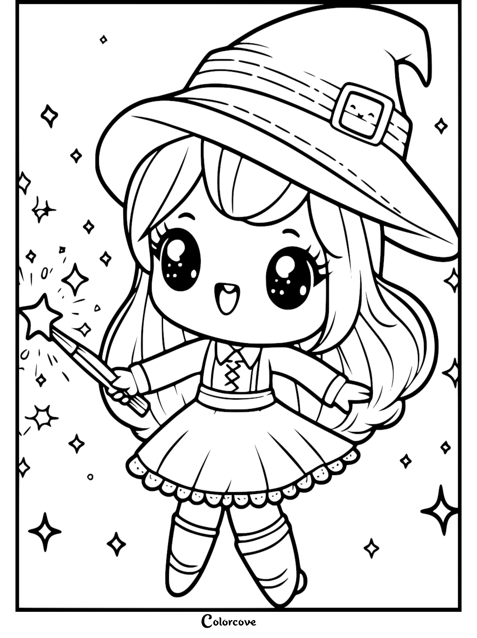 A cute witch character wearing a wide-brimmed hat with a smiling buckle, holding a star-tipped magic wand surrounded by sparkling stars, printable line art coloring page.