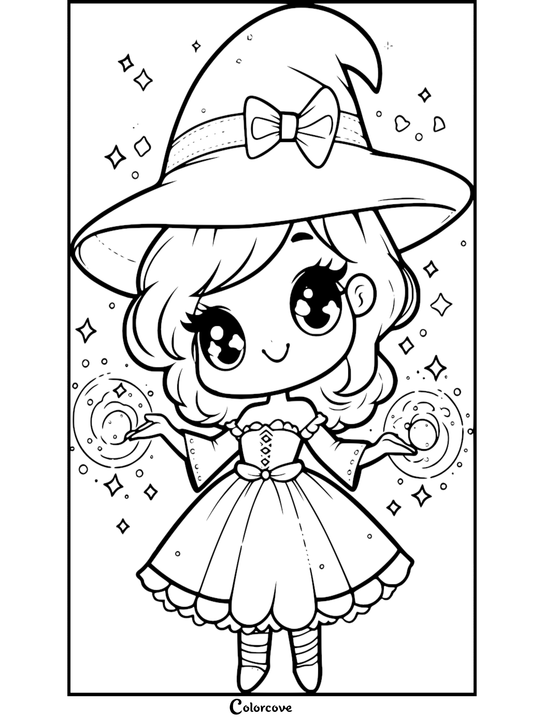 A cute witch wearing a bow-adorned hat summoning magical glowing orbs in this line art coloring page.