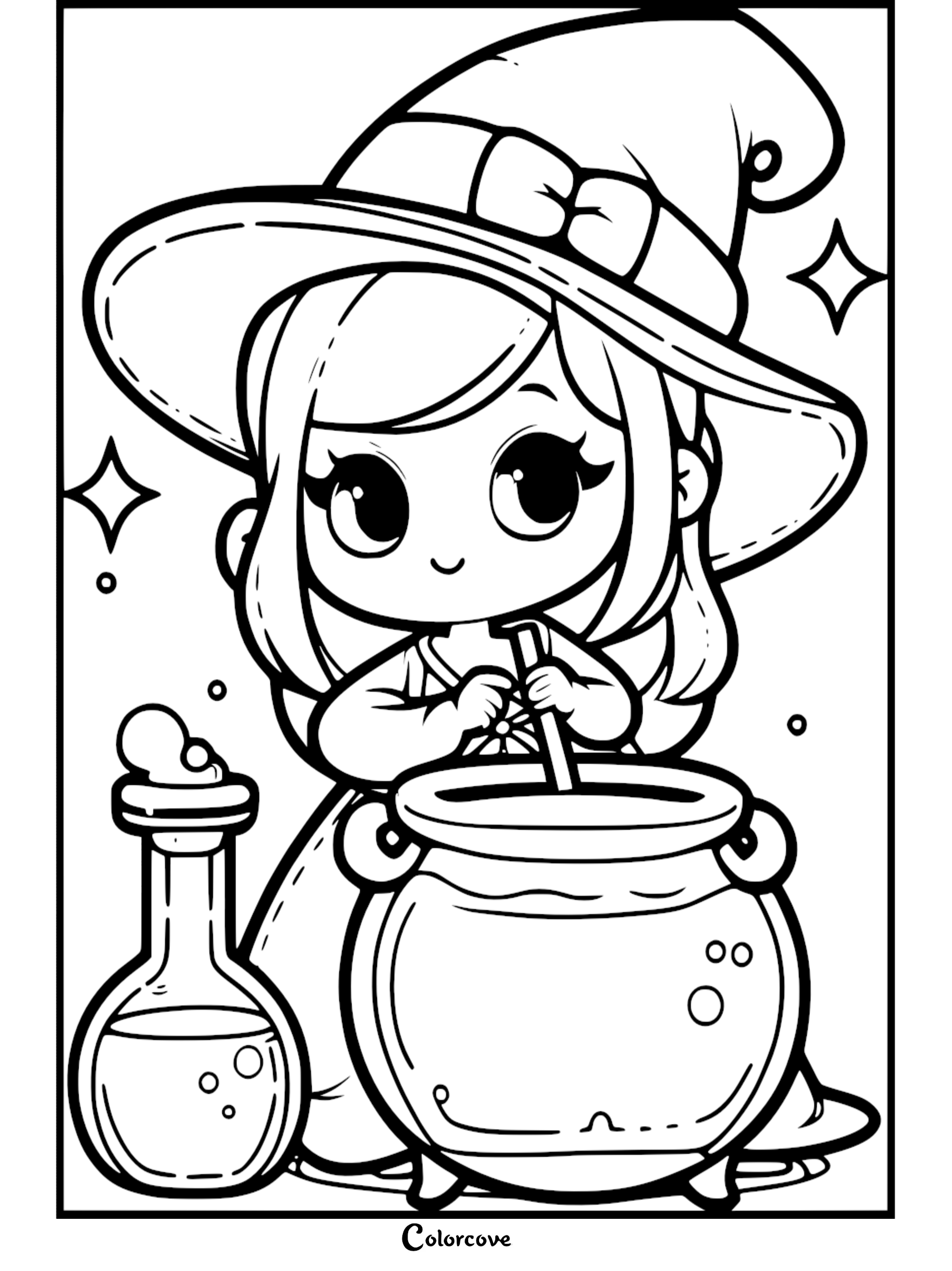A cute chibi witch with a bow on her hat stirring a bubbling cauldron next to a magic potion bottle, coloring page style line art.