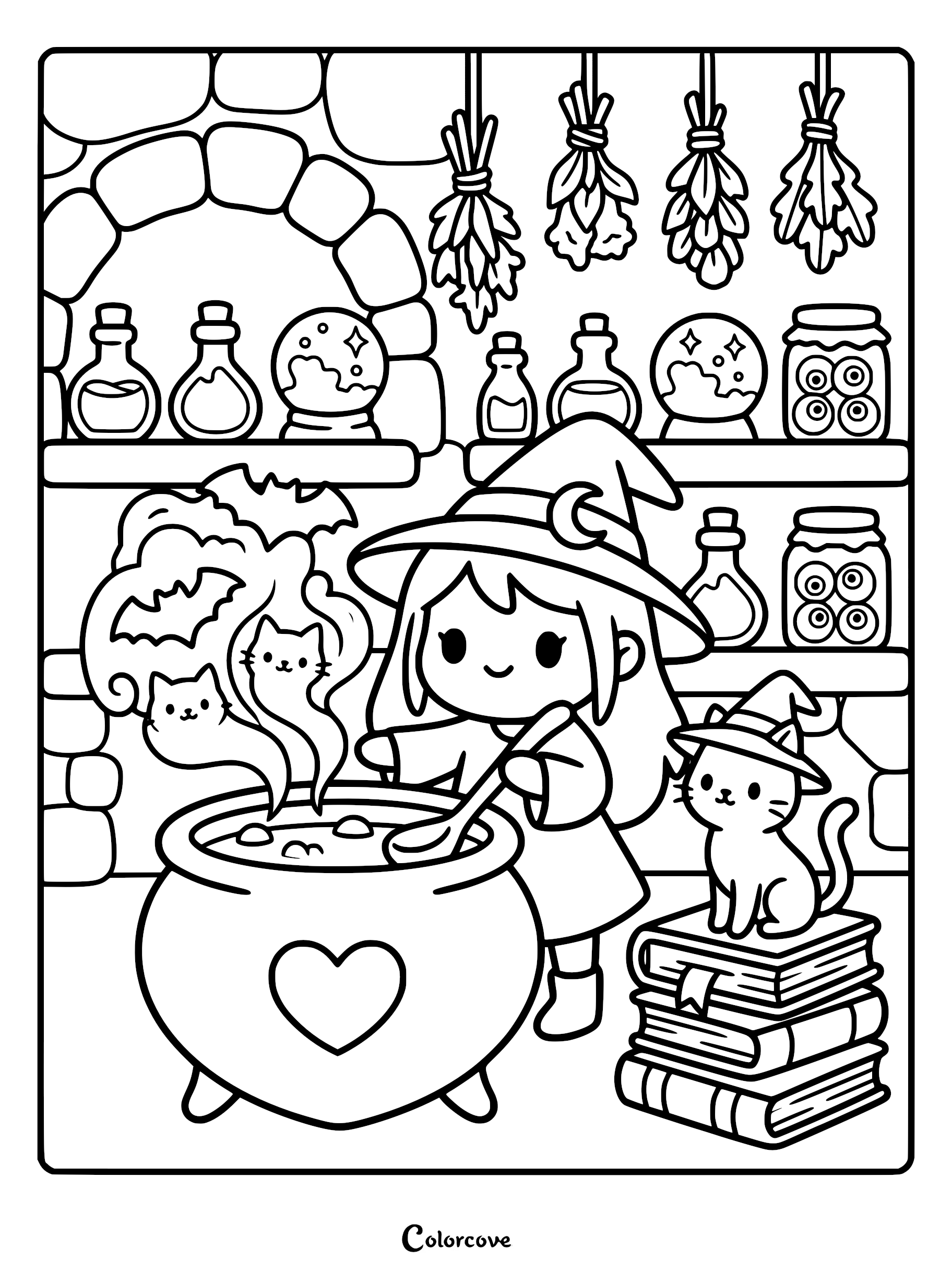 A cute witch wearing a crescent moon hat stirs a heart-shaped cauldron, releasing magical smoke with phantom kittens and bats, while a cat with its own tiny witch hat sits on a stack of books, in this printable coloring page.