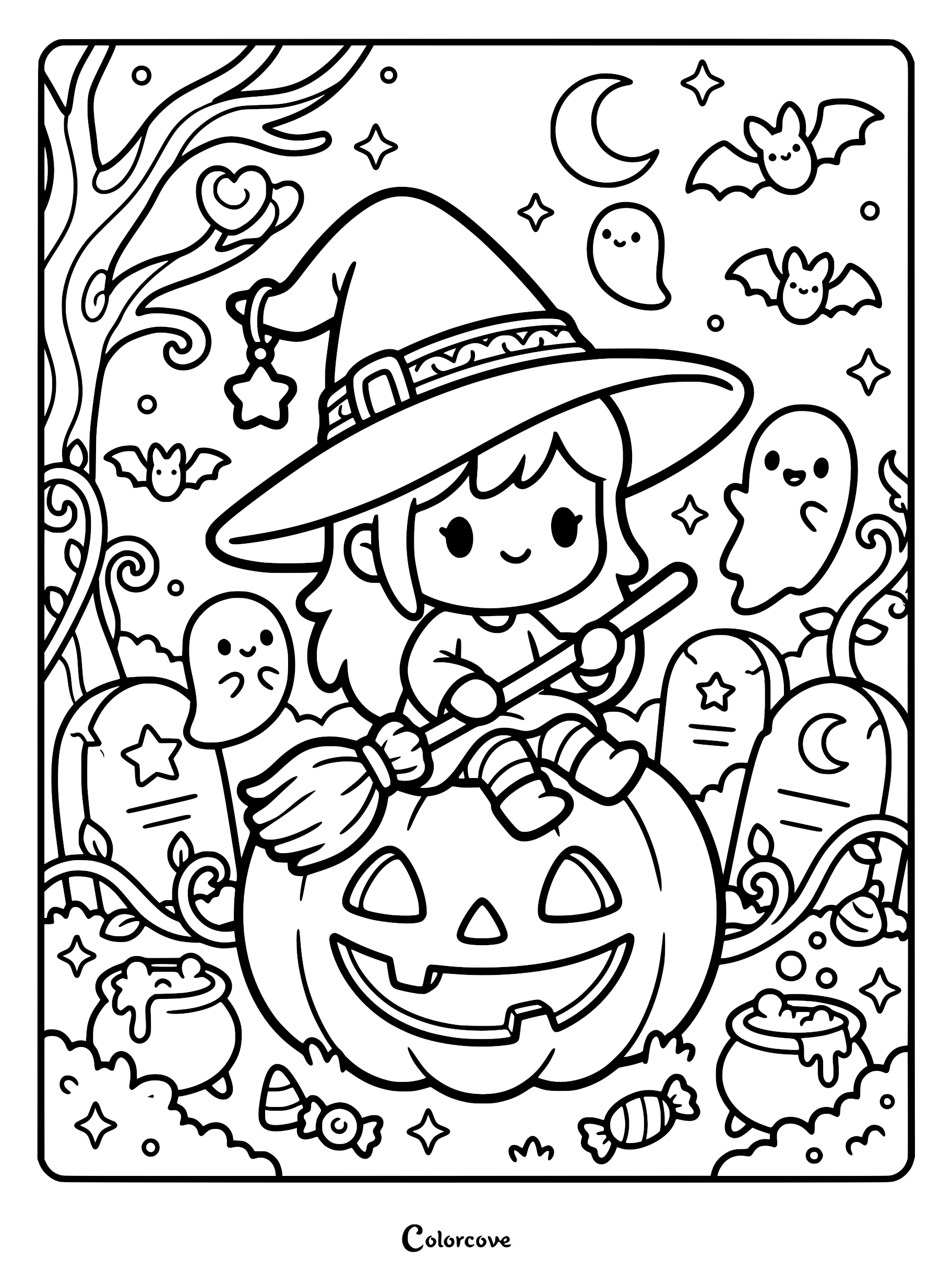 A cute witch with a starry hat sitting on a large Jack-o'-lantern, surrounded by ghosts, bats, tombstones, and bubbling cauldrons in this printable coloring page.