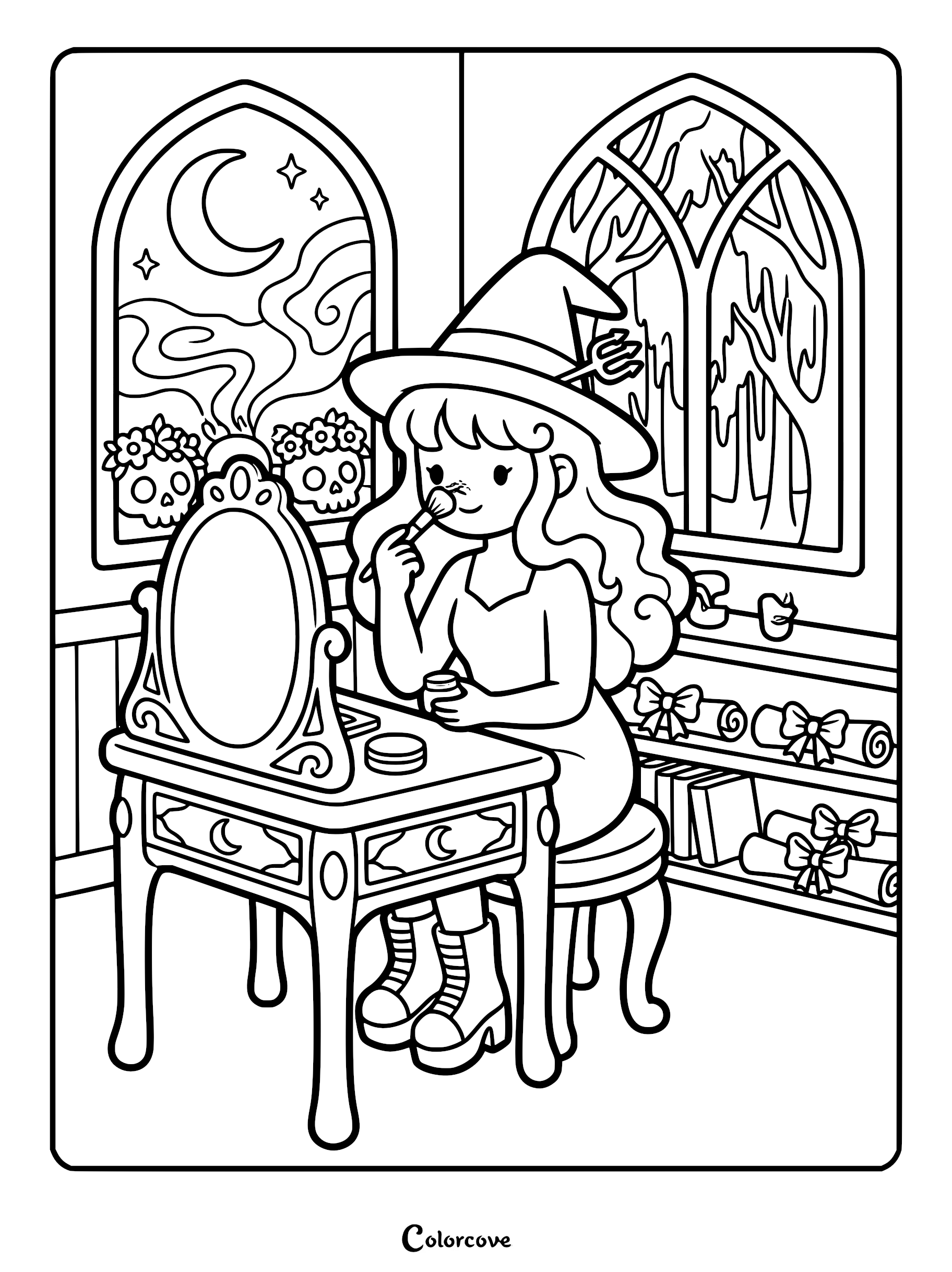 A cute witch with long wavy hair and a brimmed hat applying makeup in a mirror at her vanity, featuring arched windows with crescent moons and skulls, ready as a printable coloring page.