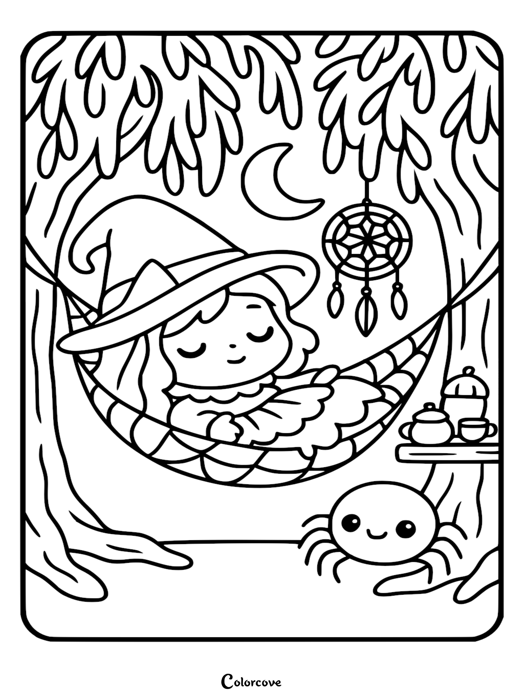 A cute witch wearing a pointy hat sleeping in a hammock under a crescent moon with a dreamcatcher and a smiling spider nearby, free printable coloring page.