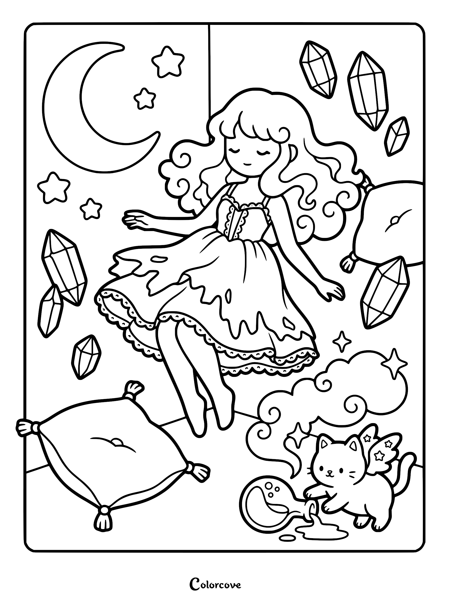A cute witch with wavy hair floating in mid-air with crystals, a crescent moon, and a winged cat knocking over a potion bottle in this whimsical line art coloring page.