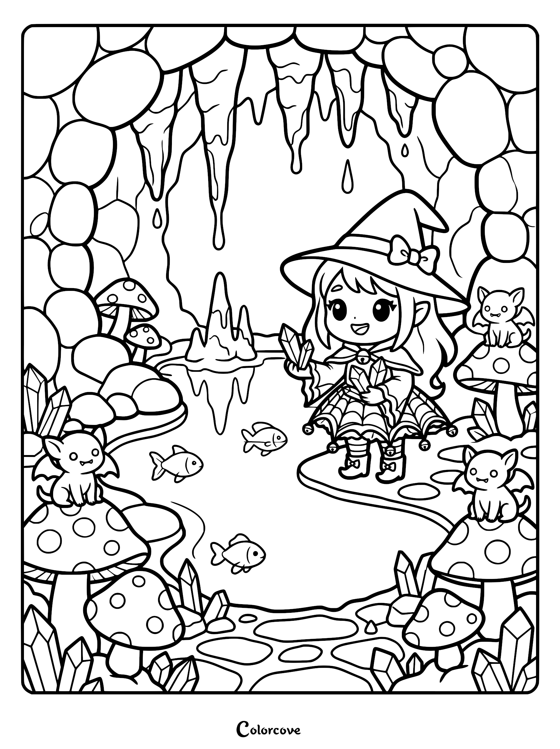 A cute witch wearing a bow-adorned hat holding crystals inside a cavern with stalactites, mushrooms, and small bats for a printable coloring page.
