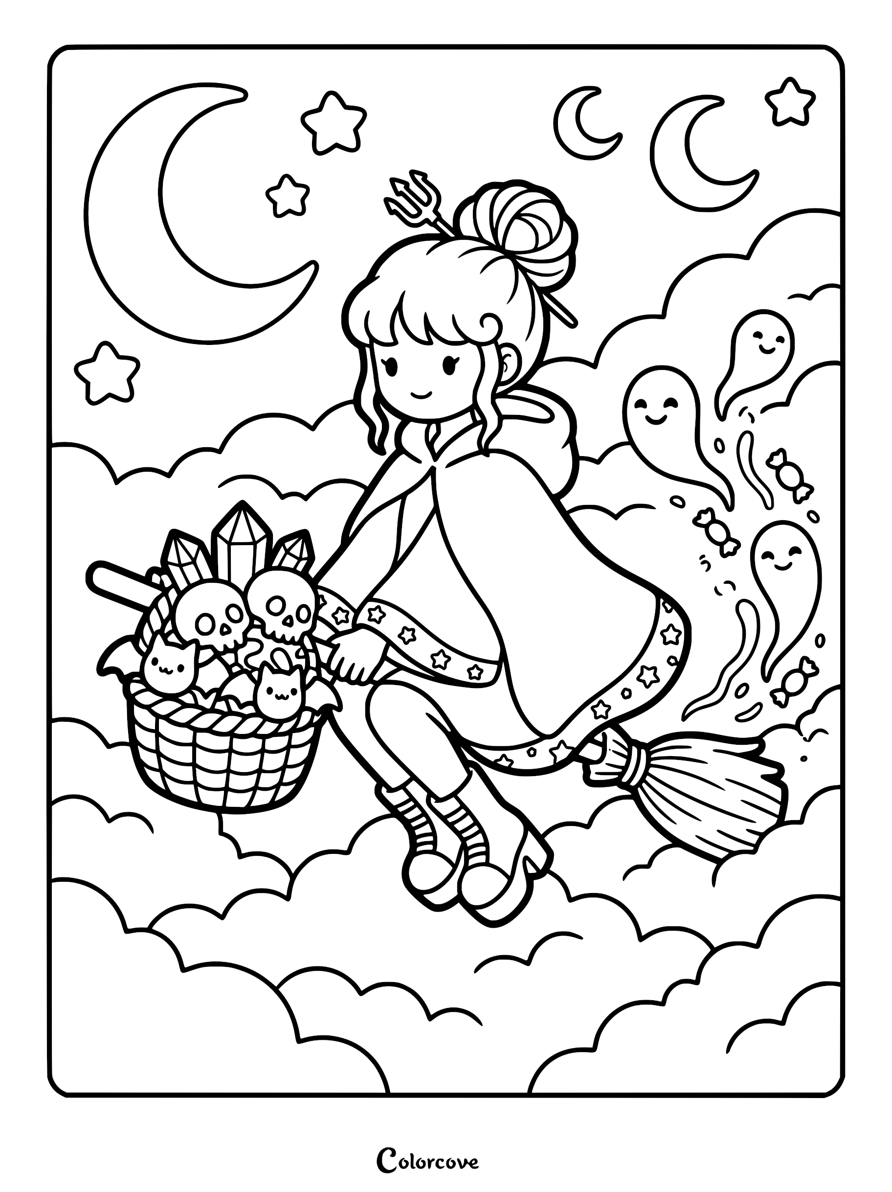 Cute witch in a cloak flying on a broomstick, carrying a basket of skulls, crystals, and bat friends with ghosts and stars in the night sky coloring page.