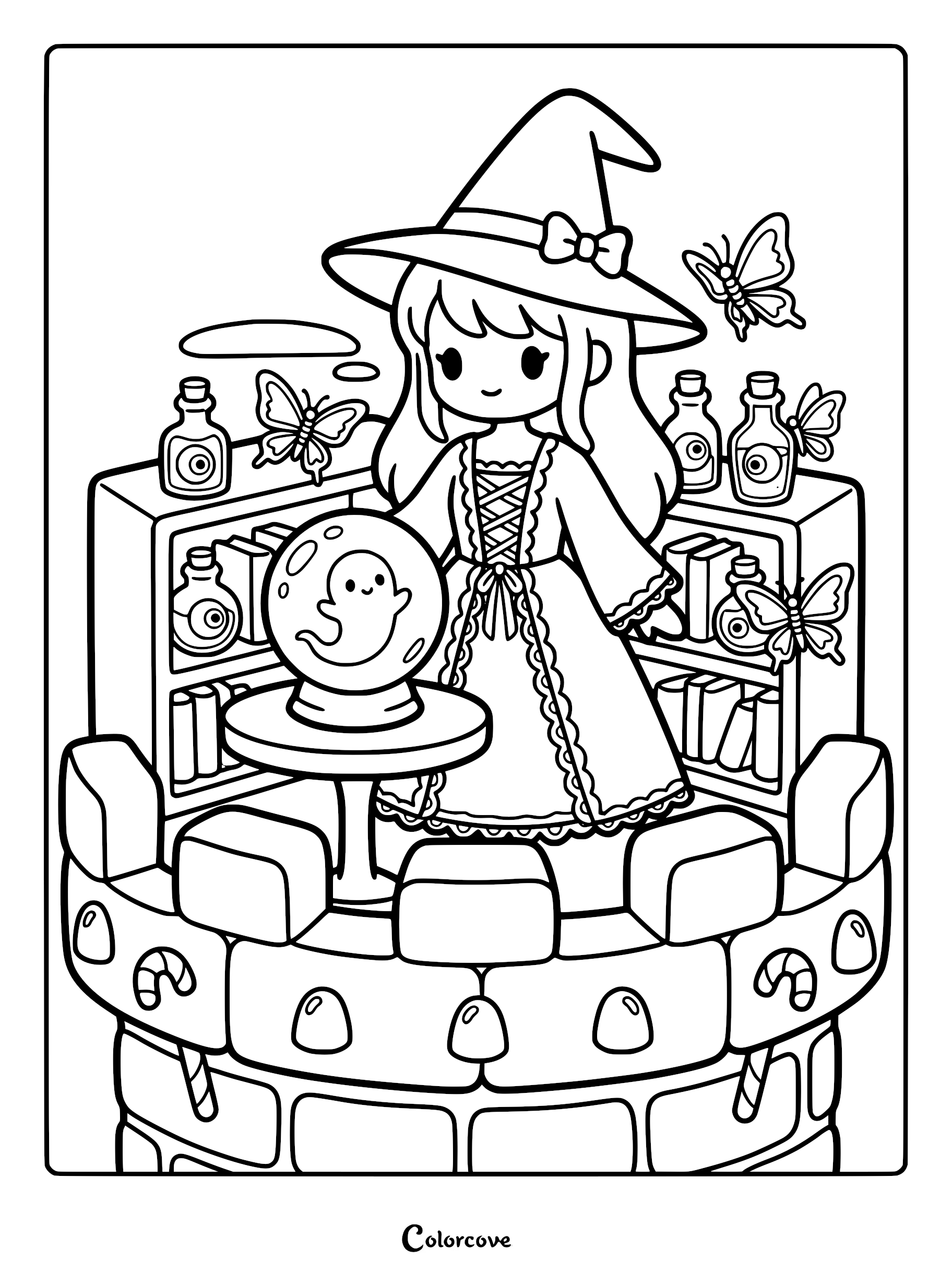 A cute witch wearing a bow-adorned hat standing in a stone tower with shelves of potions and a ghost in a crystal ball, detailed line art coloring page.