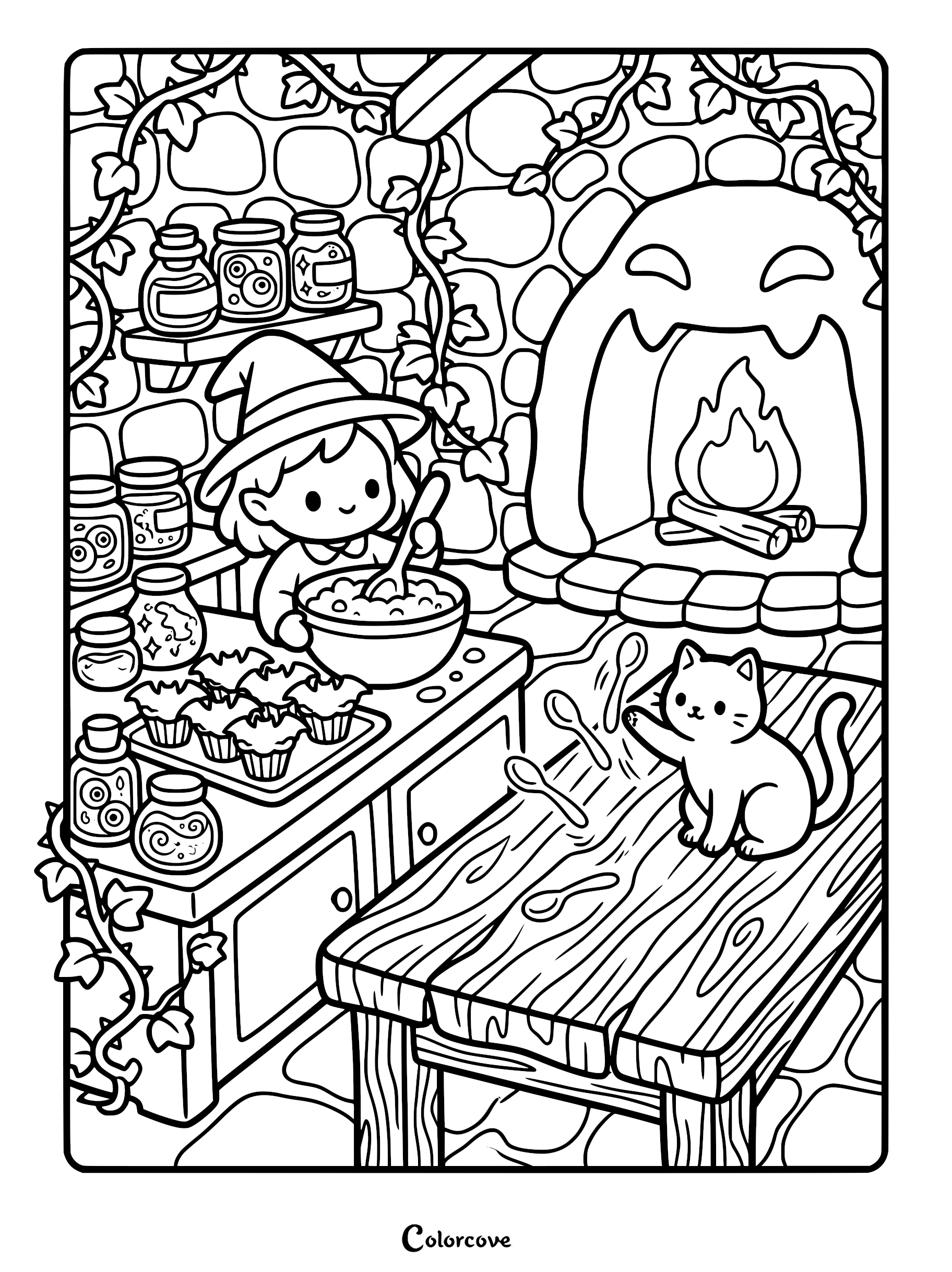 A cute witch stirring a bowl with a cat playing with floating spoons in a cozy stone kitchen, a printable coloring page.