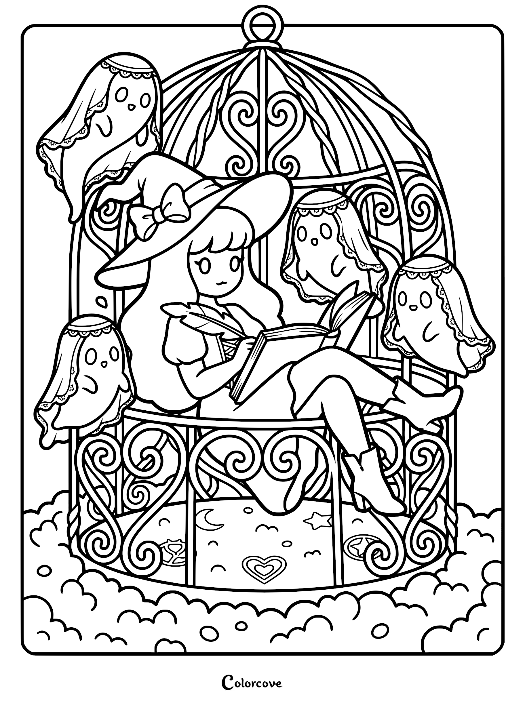 A cute witch with a bow hat sitting inside an ornate birdcage, reading a spellbook to three small ghosts wearing lace crowns, coloring page.