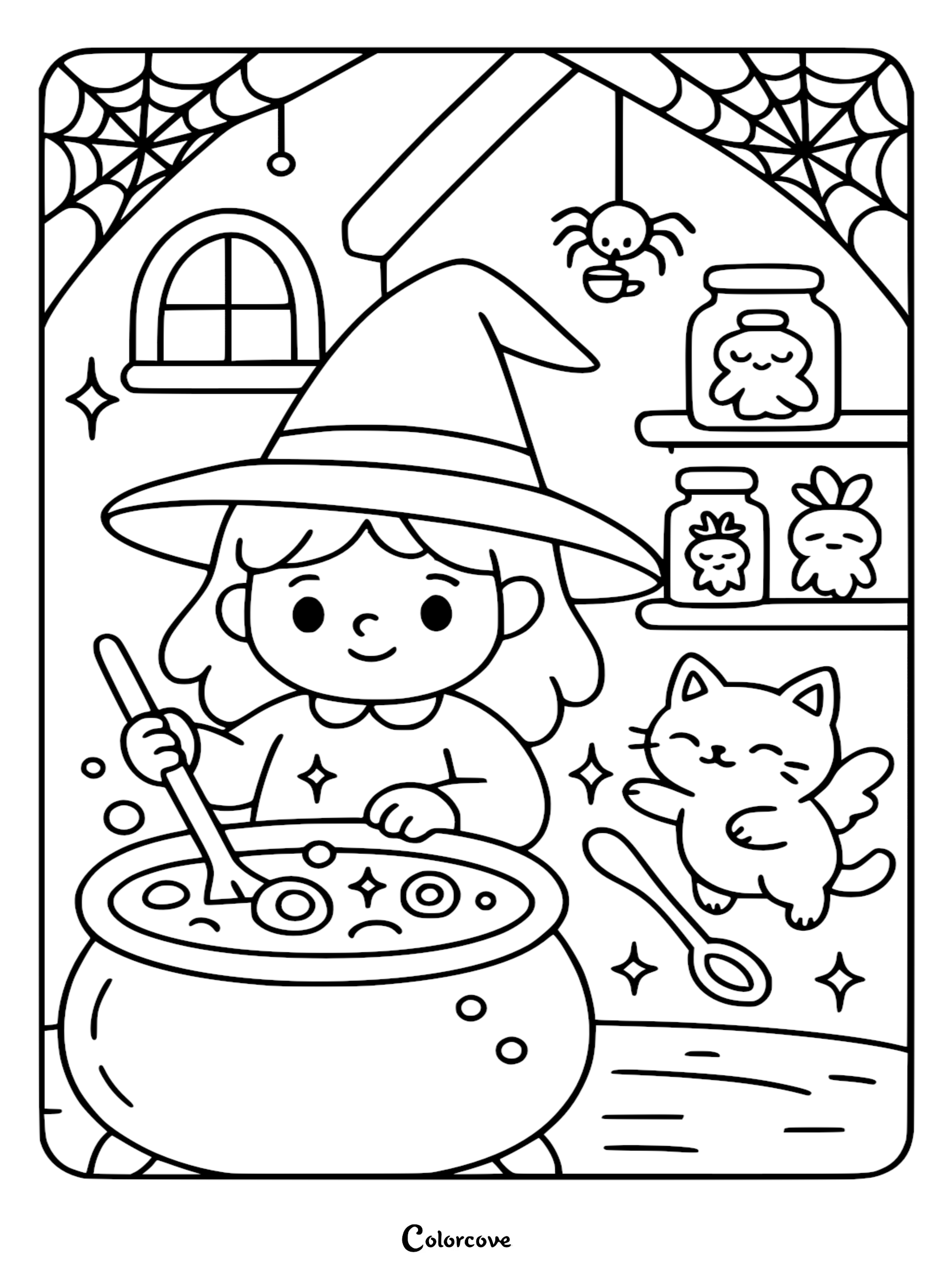 A cute witch wearing a pointed hat stirring a cauldron with a winged cat assistant in a web-covered room, printable coloring page.