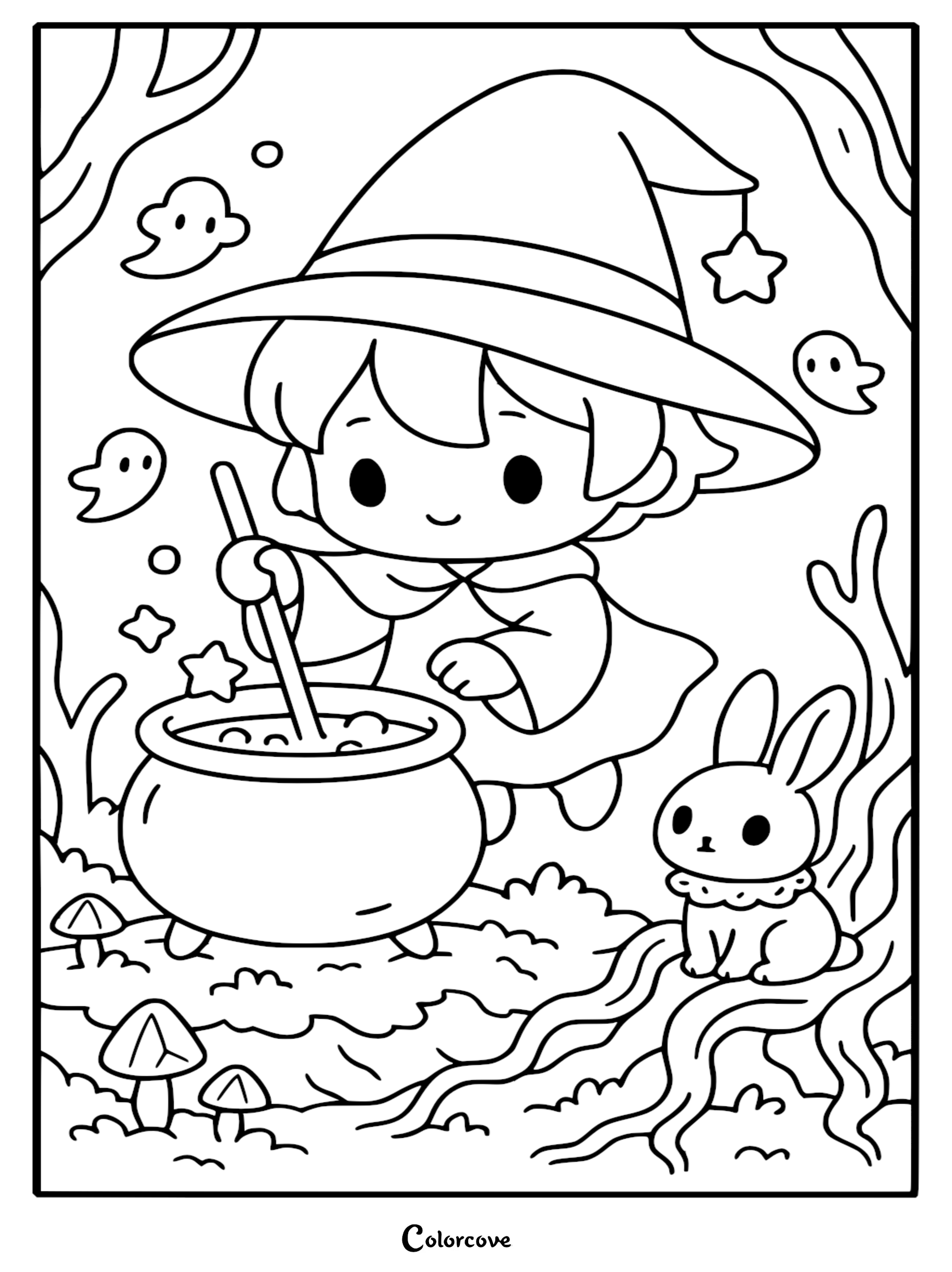 Cute witch in a pointed hat stirring a bubbling cauldron with a bunny companion, forest background, printable coloring page.