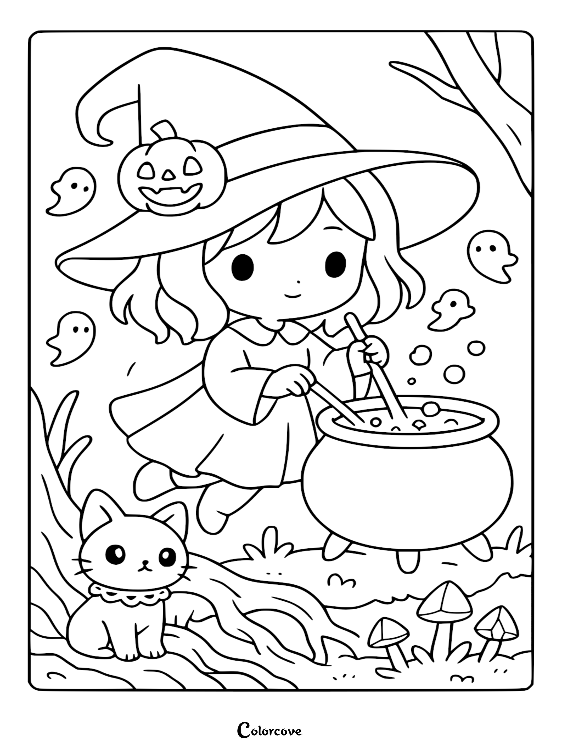 A cute witch wearing a pumpkin hat stirring a bubbling cauldron, accompanied by a small kitten and ghosts in a forest, black and white printable coloring page.