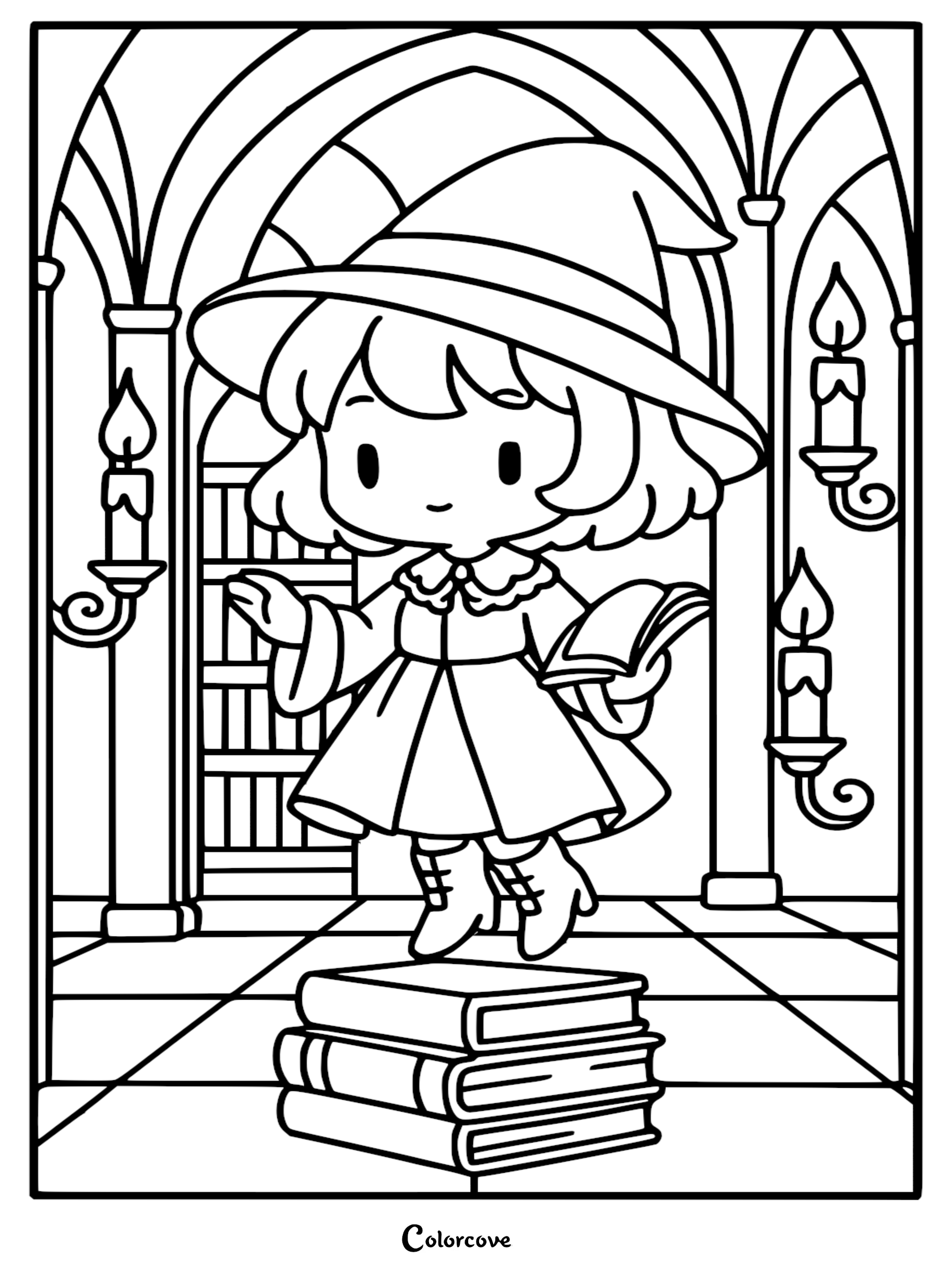 A cute witch with a pointed hat floating above a stack of books inside a candlelit library, detailed line art coloring page.