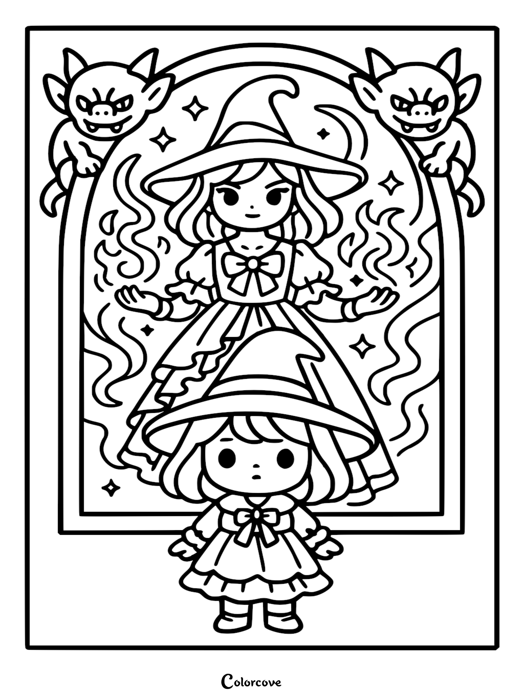 A cute witch character casting magic spells inside an arched frame with two gargoyles looking on, presented as a black and white line art coloring page.