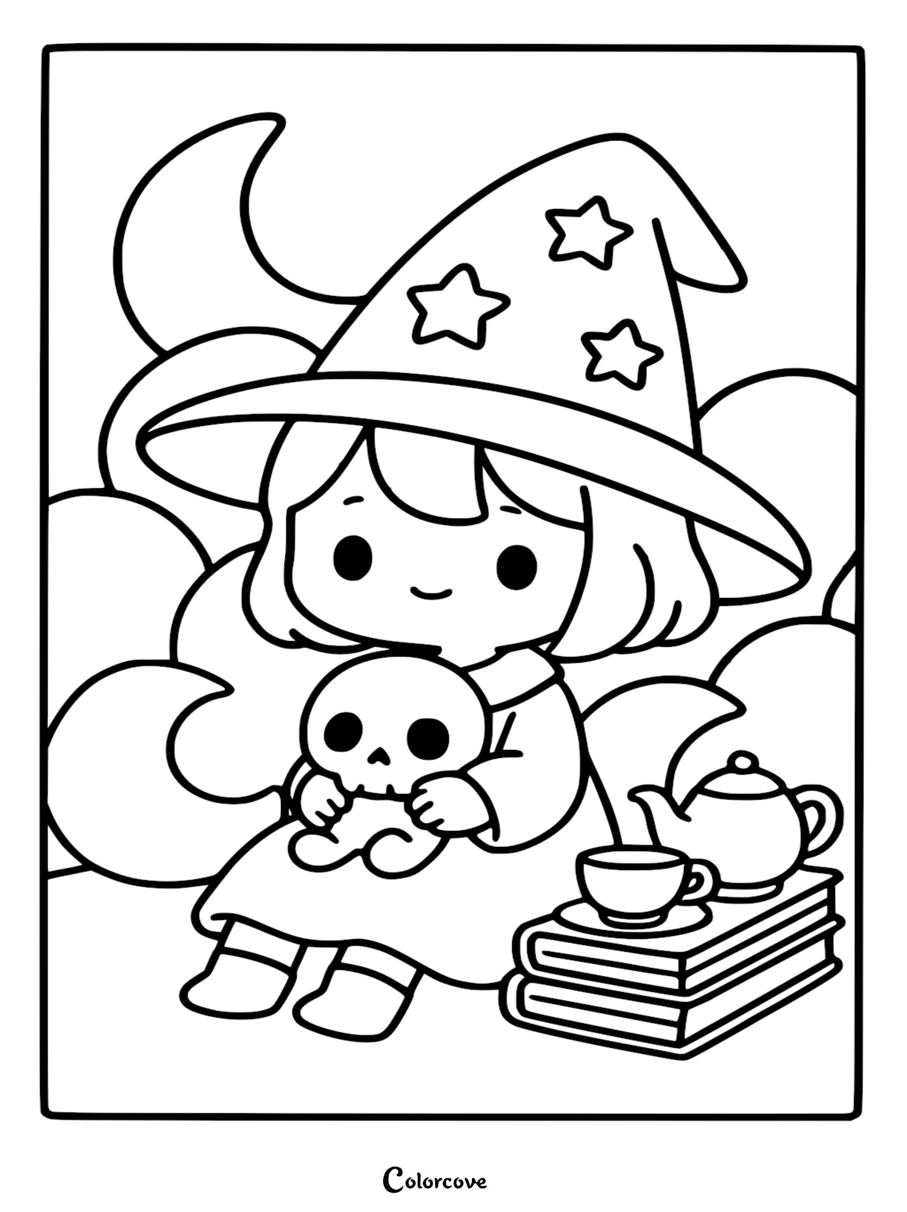 A cute witch wearing a star-patterned hat holding a small skull, sitting next to a stack of books with a teapot and teacup, outline coloring page.