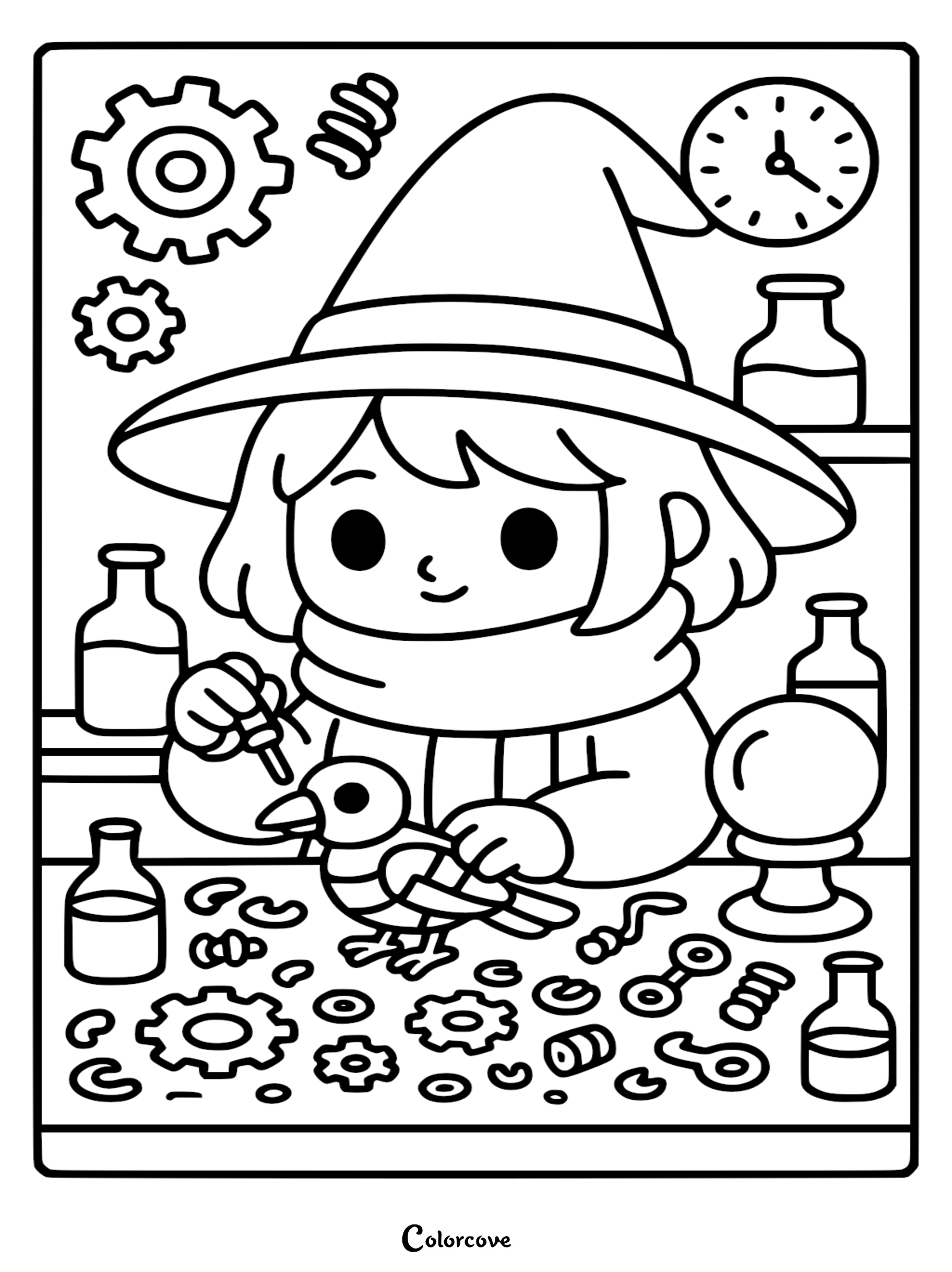 A cute witch wearing a hat and scarf working on a mechanical bird in her laboratory with gears, potions, and a clock, coloring page.
