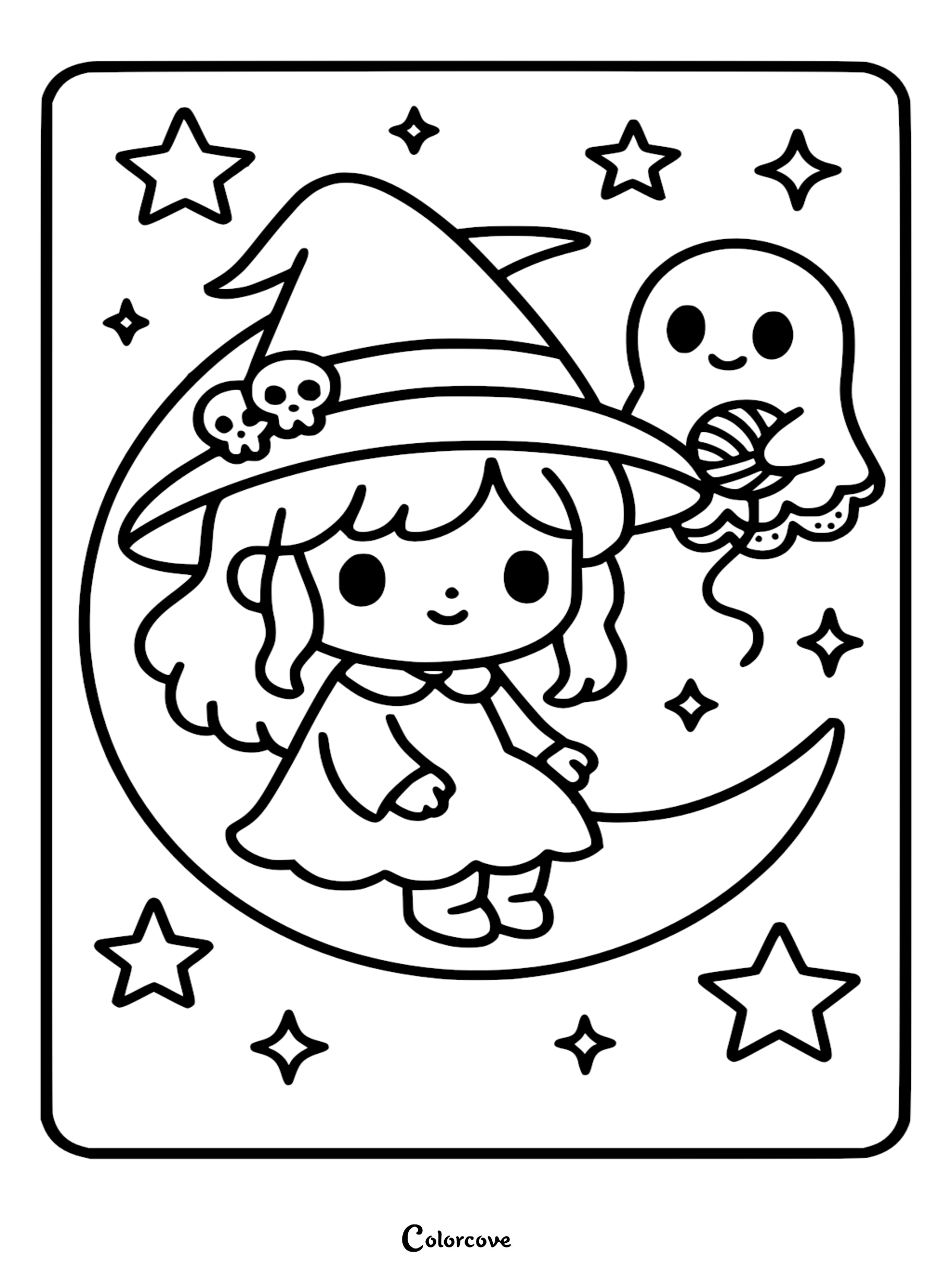A cute chibi witch with a skull-adorned hat sitting on a crescent moon with a friendly ghost holding a yarn ball, surrounded by stars in a coloring page style.