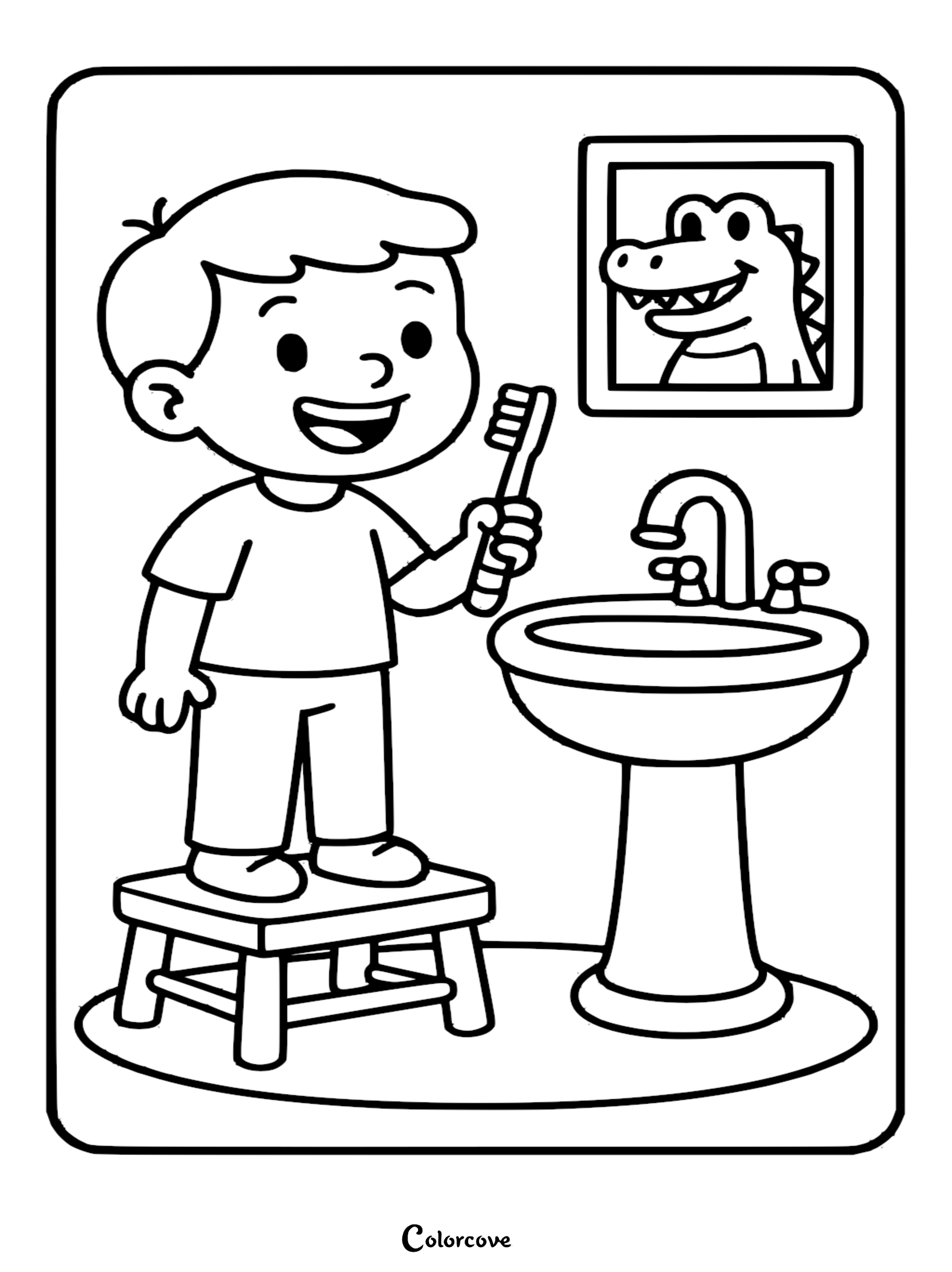 A happy boy standing on a step stool brushing his teeth in front of a bathroom mirror featuring a cute cartoon crocodile reflecting back, printable coloring page.