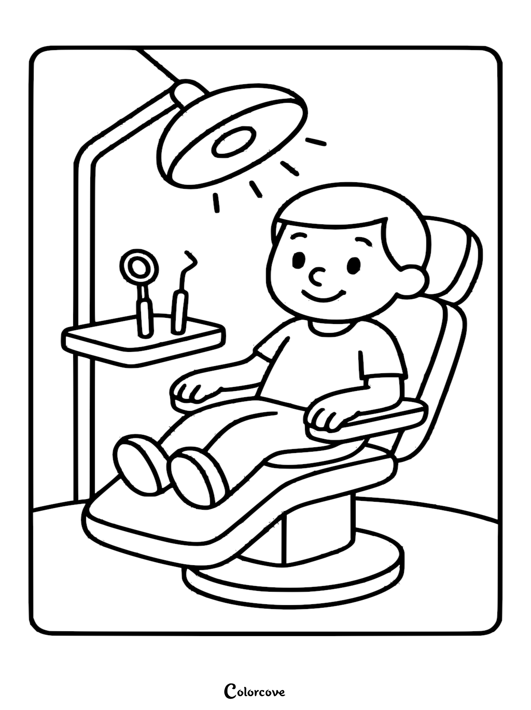 A smiling boy sitting in a reclining dental chair with a bright overhead examination lamp and dental tools on a tray in this printable coloring page.