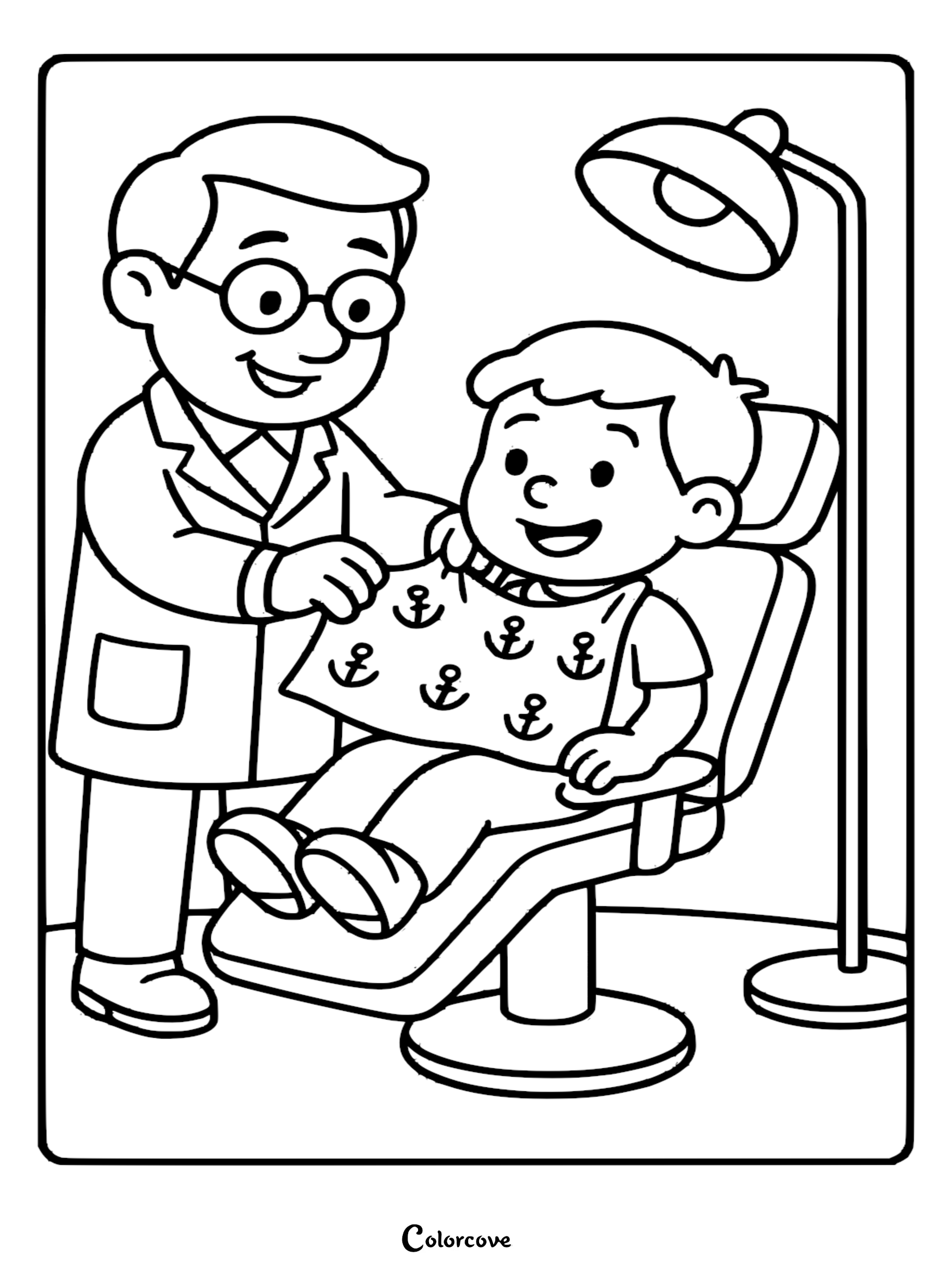 A friendly dentist in a lab coat and glasses placing an anchor-print bib on a young boy sitting in a dental chair under a bright exam lamp in this printable coloring page.