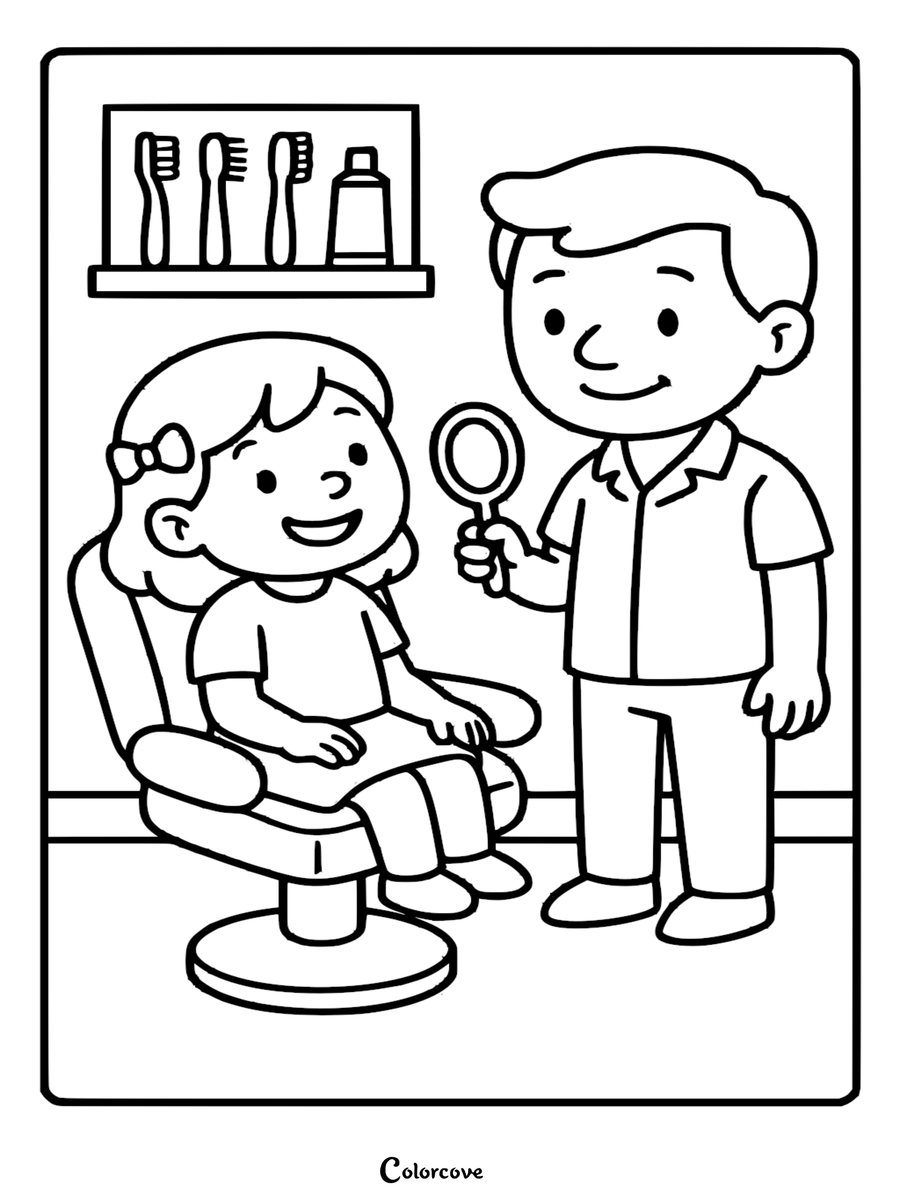 A friendly dentist showing a patient their teeth with a hand mirror in a dental office coloring page.
