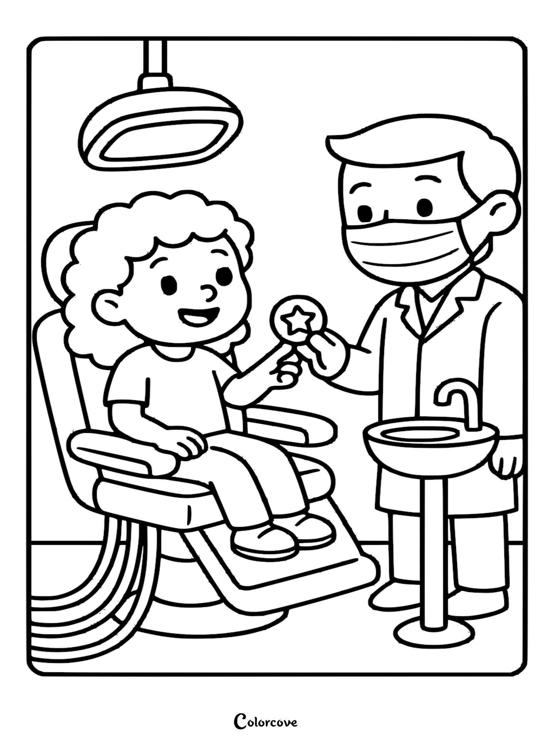 A friendly dentist in a white coat and mask handing a star-shaped sticker to a happy young girl sitting in a dental chair, coloring page.