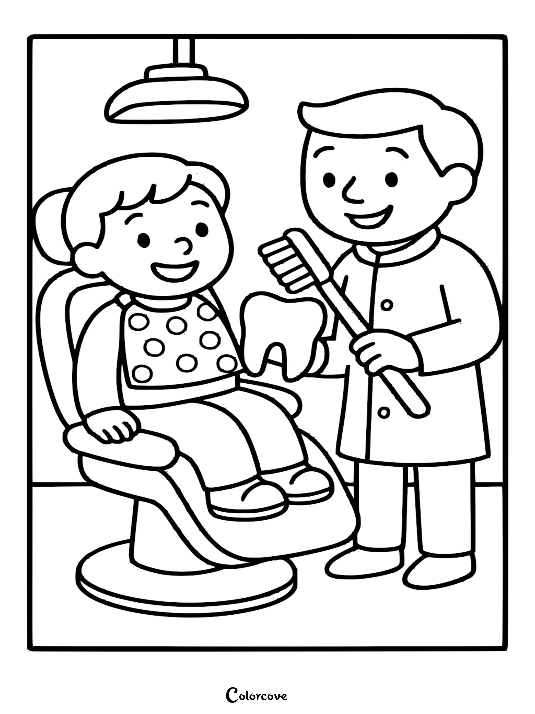 A friendly dentist holding a toothbrush and a large tooth model while a young girl sits in a dental chair in this printable coloring page.