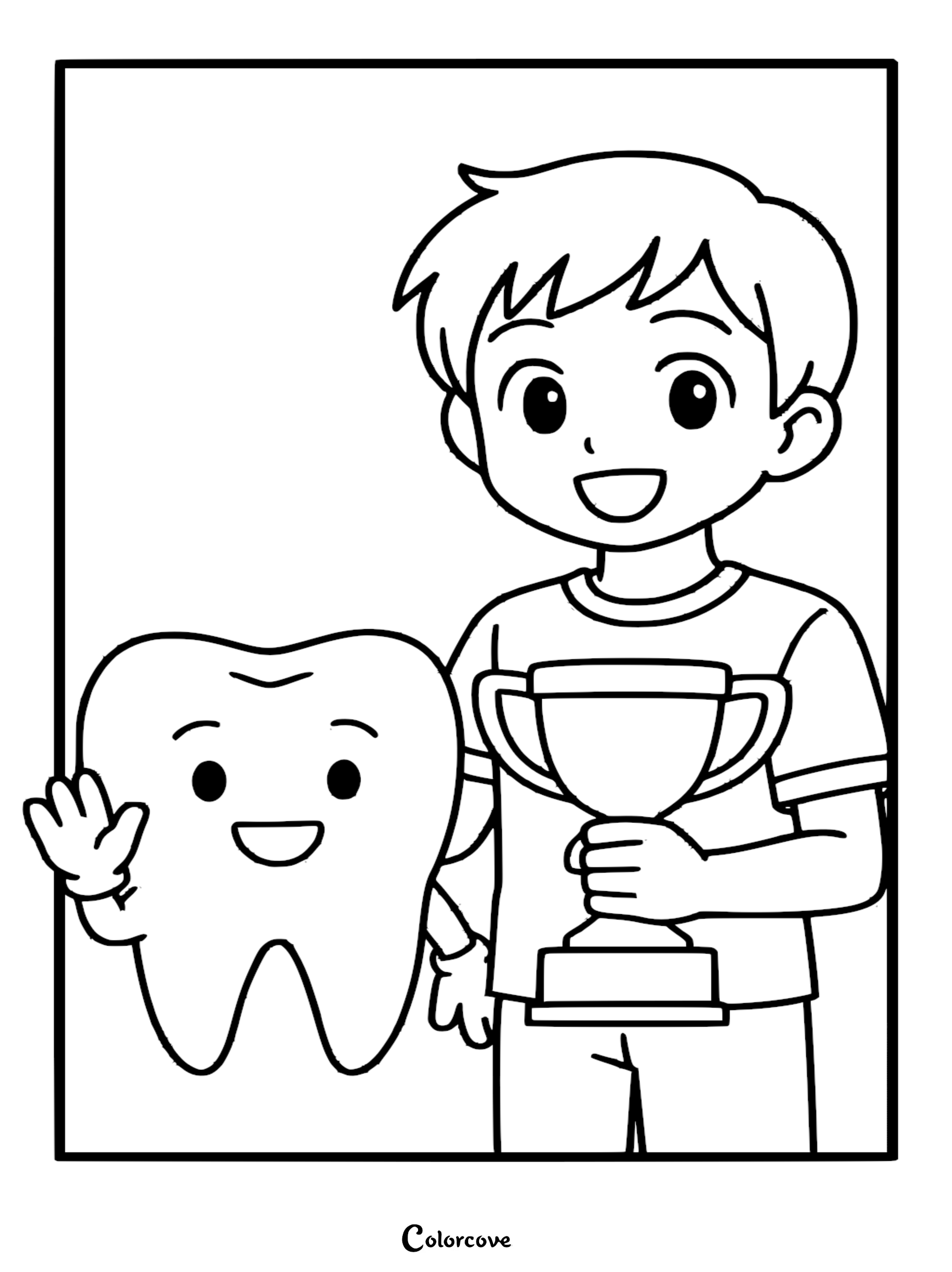 A smiling boy holding a golden trophy stands next to a cheerful, waving anthropomorphic tooth in this printable coloring page.