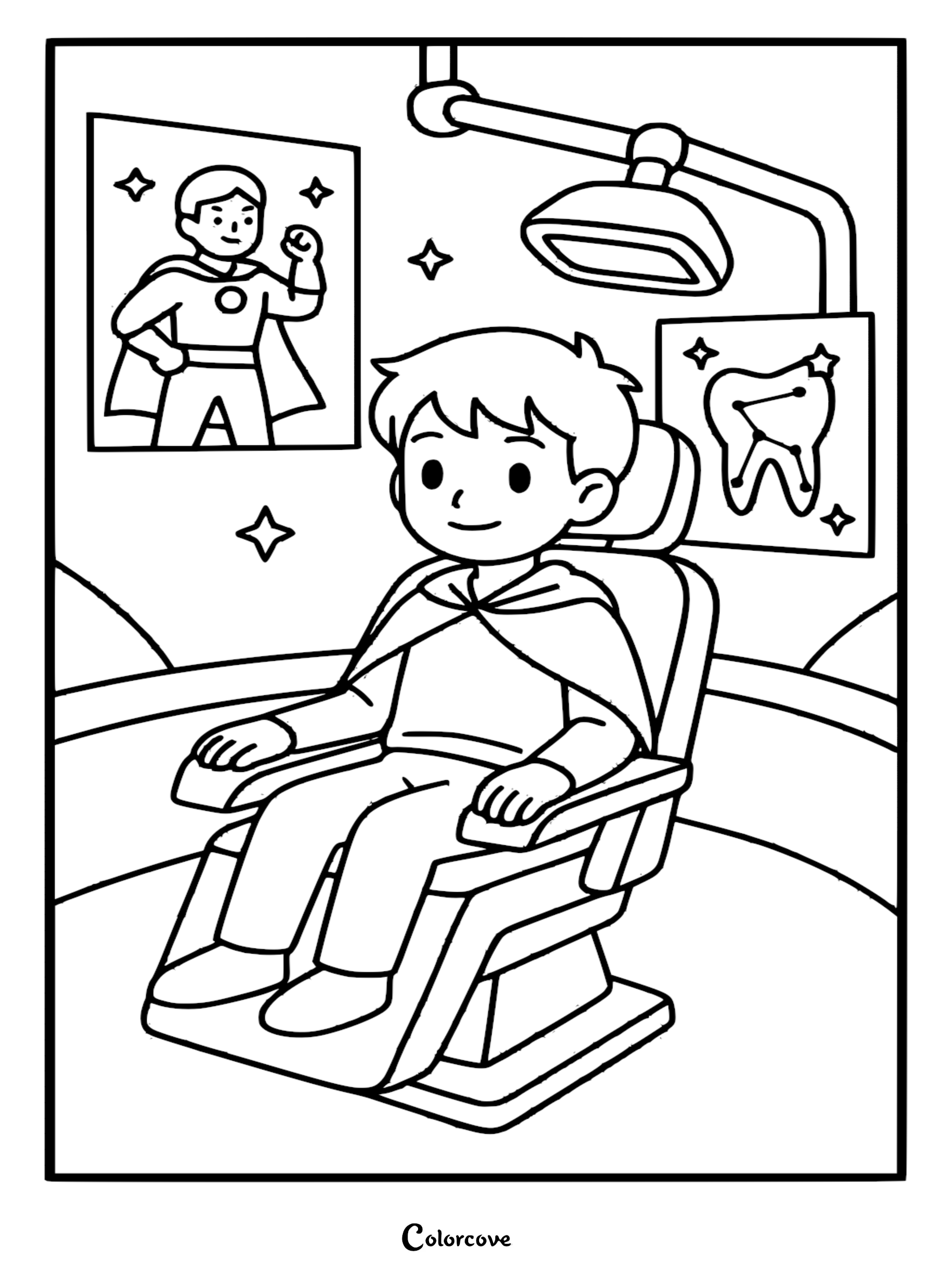 A young boy wearing a superhero cape sitting in a dentist's chair for a kids' coloring page, featuring a poster of a superhero and a dental chart on the wall.